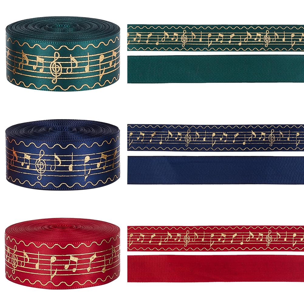 PH PandaHall Satin Music Grosgrain Ribbon, 36 Yards, 1 Inch, 3 Colors - Hot Stamping Ribbon for Party Wedding Cake Hat Decor Gift Wrap