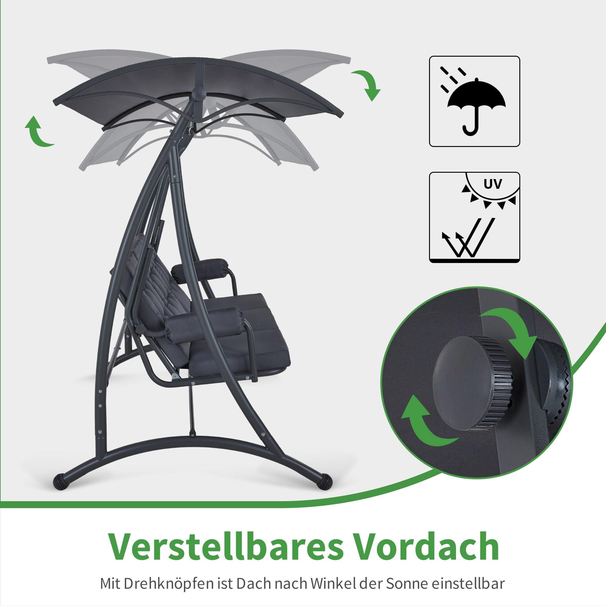 M MCombo 3-Sitzer Hollywoodschaukel mit Liegefunktion, Schaukelbank Outdoor Wetterfest, 3 Extradickem Sitzkissen & Silent-Haken, Gartenschaukel bis 300kg Belastbar, 4025 (grau)