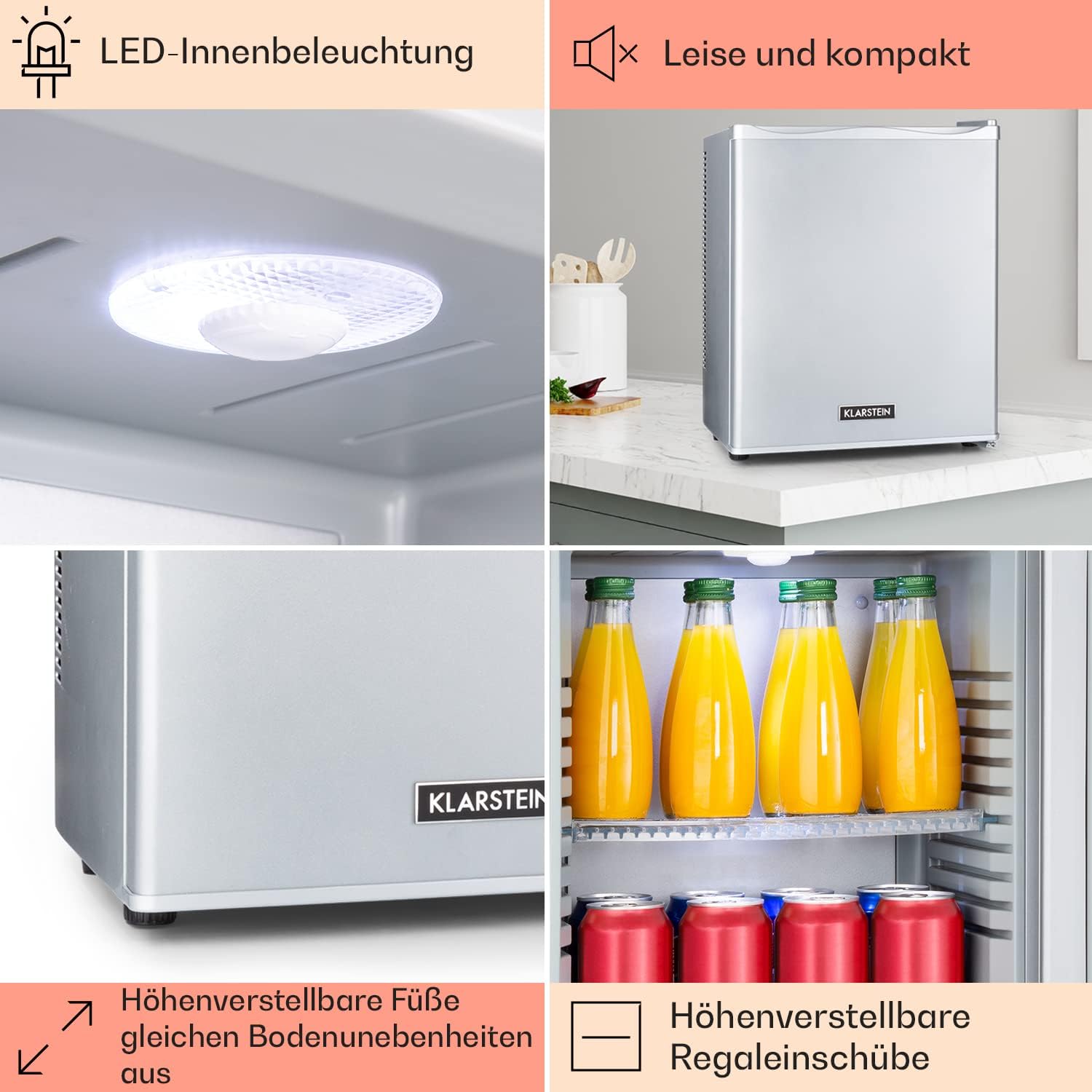 Klarstein Happy Hour – Mini bar, réfrigérateur à boissons, Compression, température de refroidissement : 5-15 °C, classe d'efficacité énergétique A, silencieux : 0 dB, lumière LED, 19 L, Argent