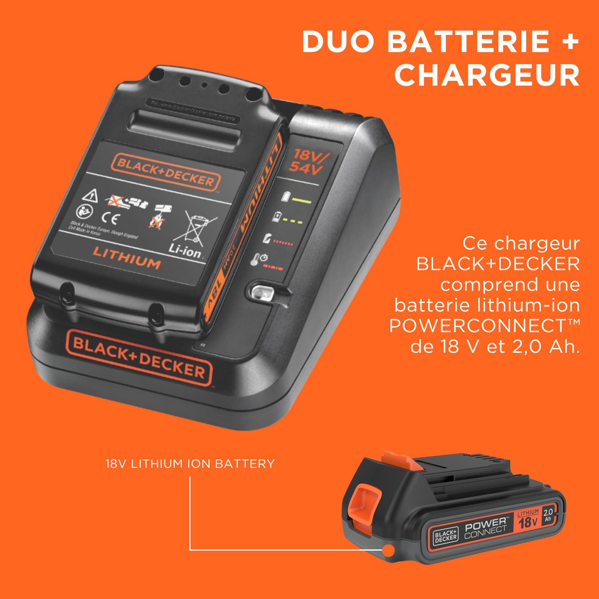 Black+Decker Kit de Démarrage Powerconnect 18 V avec Batterie 2, 0 Ah et Chargeur Rapide 2 A, BDC2A20-QW