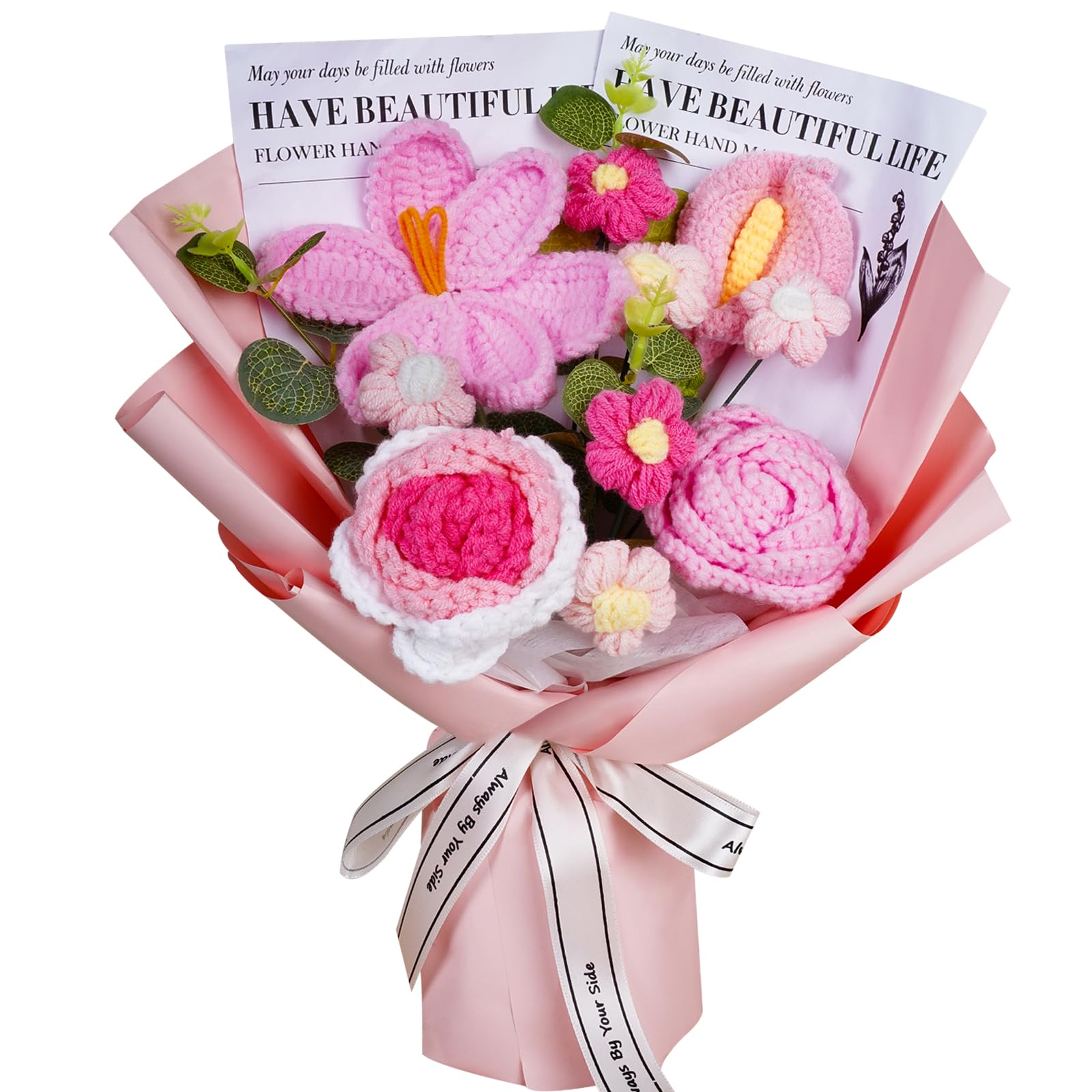 janeunique Handmade Pink Crochet Flower Bouquet, Knitted Artificial Lily & Roses, 'Always By Your Side' Keepsake for Women, Girlfriend, Mum, Aesthetic Room Decor & Table Centrepiece