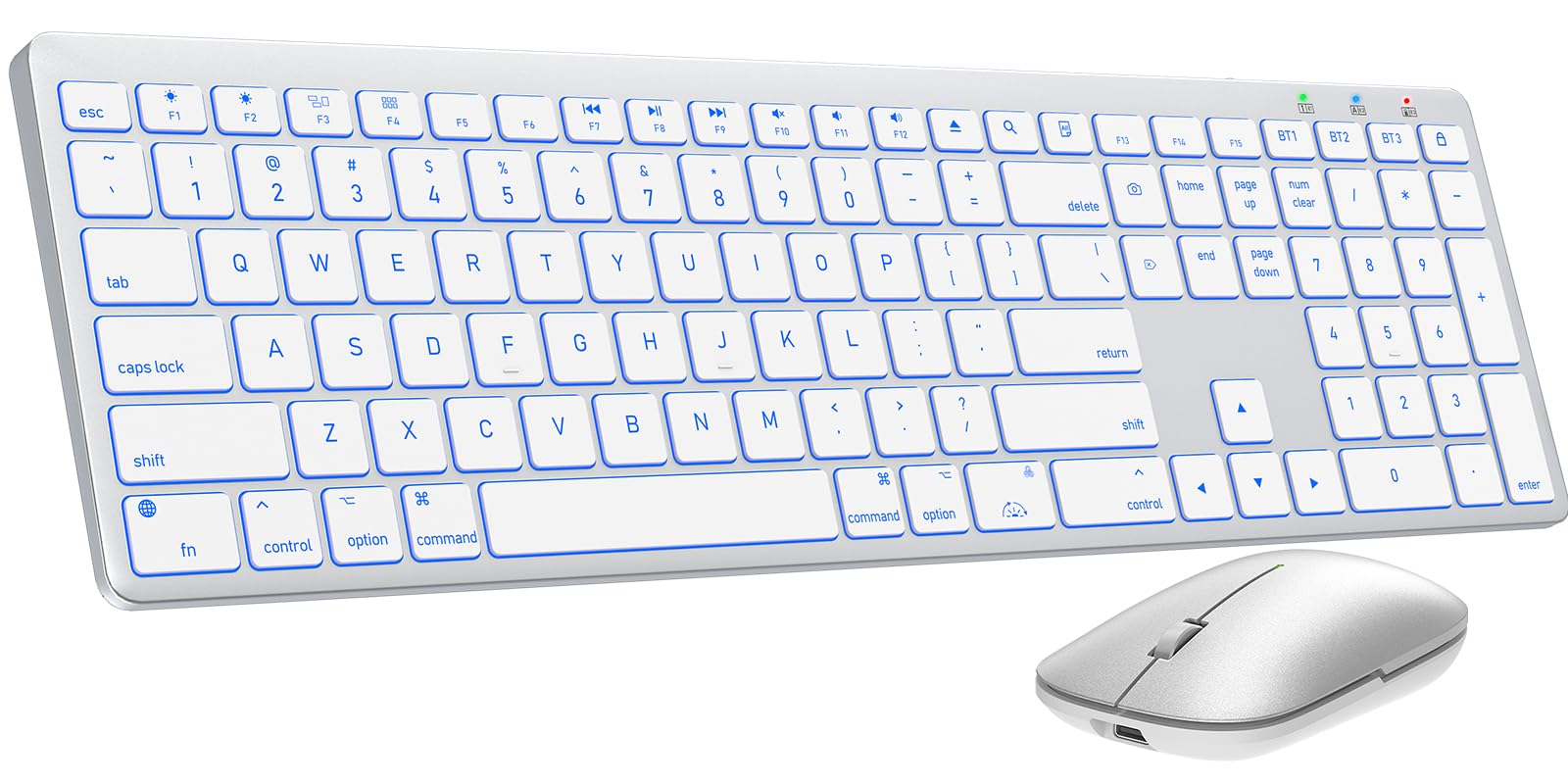 SABLUTE Bluetooth Keyboard and Mouse for Mac — 7-Color Backlit, Multi-Device, Rechargeable, Full-Size Wireless Keyboard Mouse Combo with Quiet Scissor-Switch Keys &amp; Tilt Legs for Mac (Silver White)