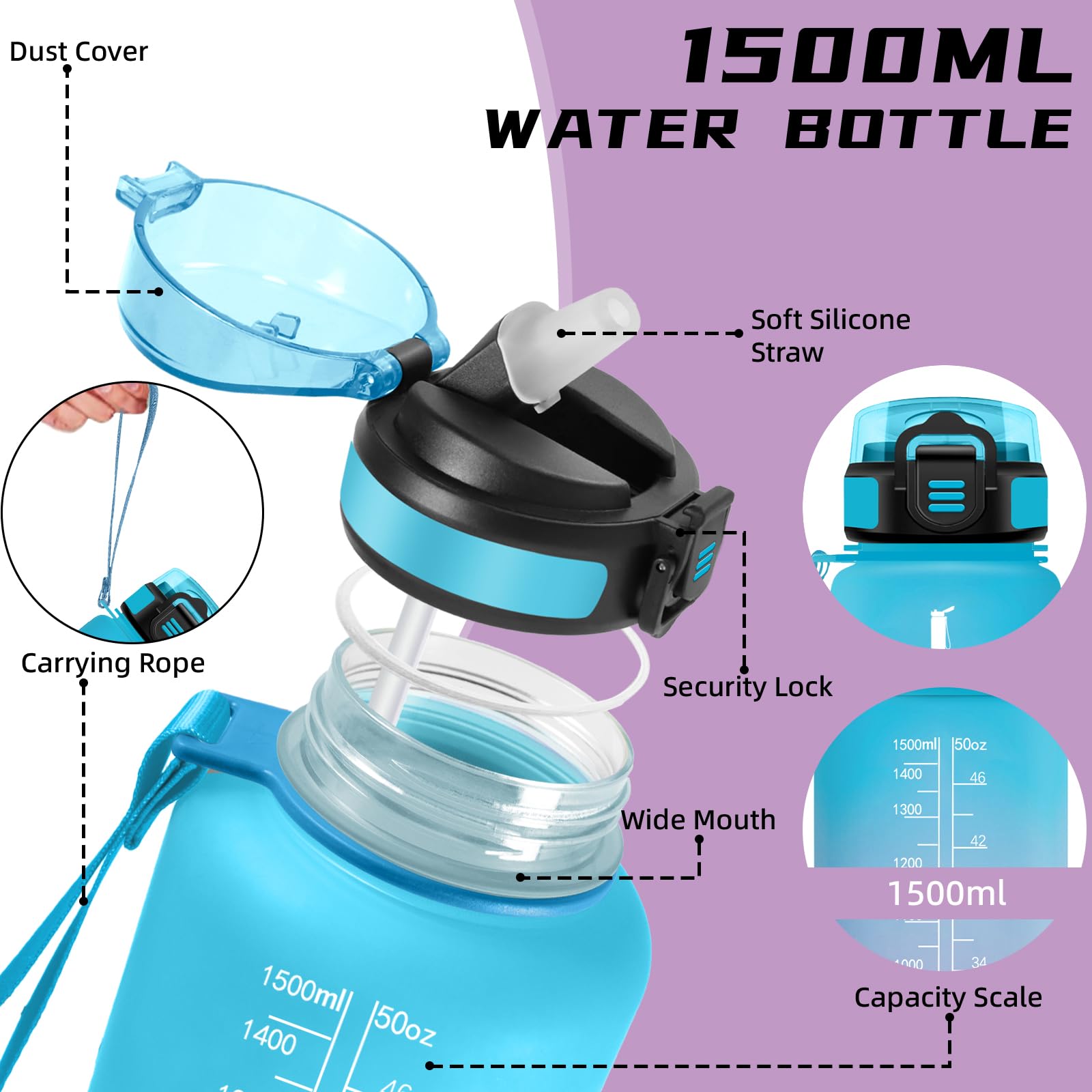 Mujigaga Borraccia 1,5 litri, Borraccia con Cannuccia, Senza Perdite, Borracce Motivazionale, Facile da Pulire, Con Chiusura di Sicurezza, Borracce per Fitness, Escursionismo, Corsa, Yoga, Nuotare