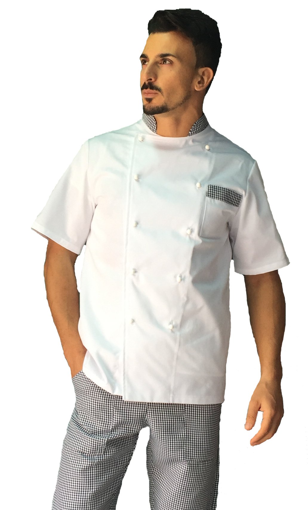 Chaqueta de cocinero para hombre - Blanca y Pied de Poule - Manga Corta - Casaca Chef - uniforme para cocina y restaurante - Fabricado en Italia