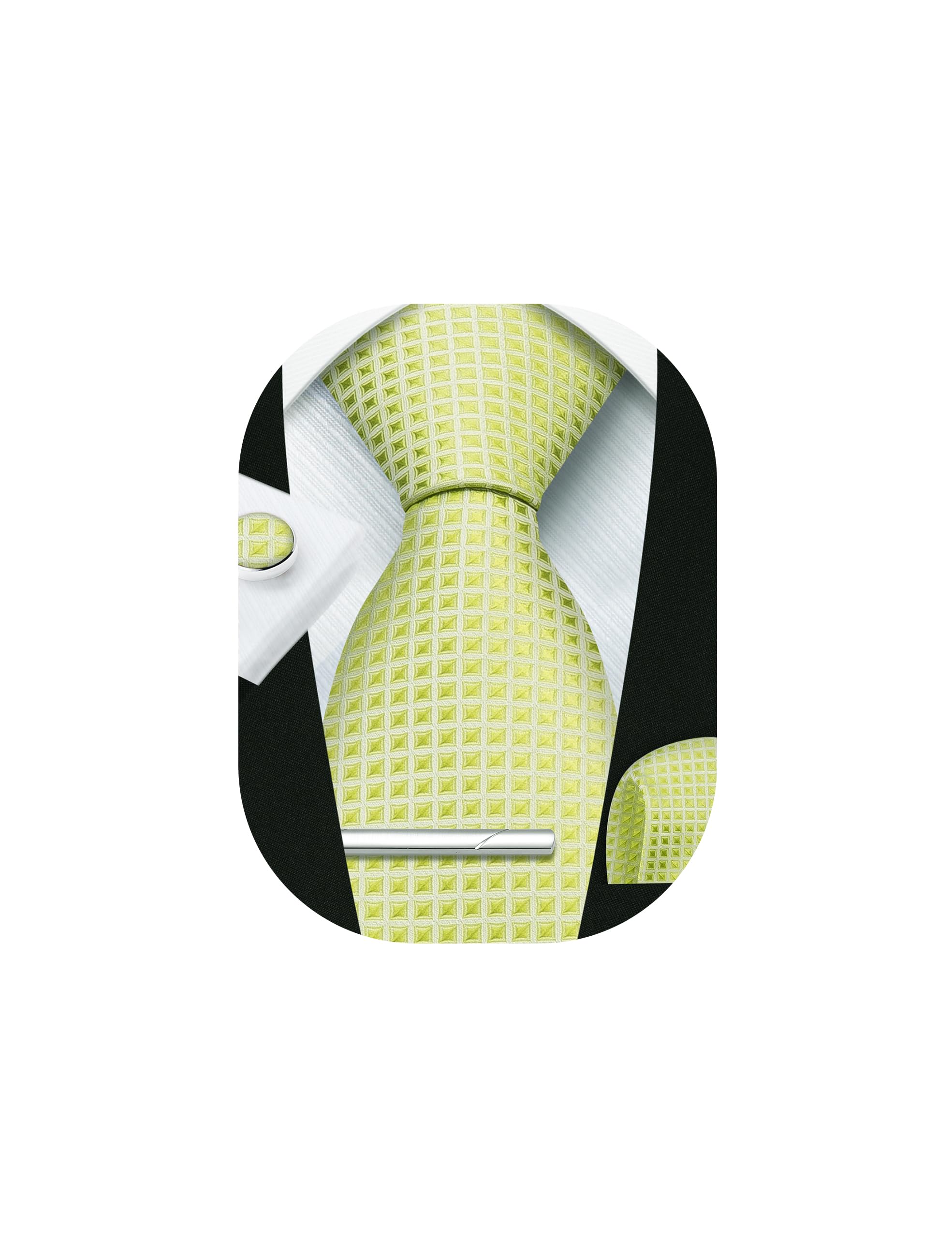 HISDERN Plaid Ties for Men Classic Checkered Tie and Pocket Square Cufflinks Tie Clip Set Woven Men's Necktie Business