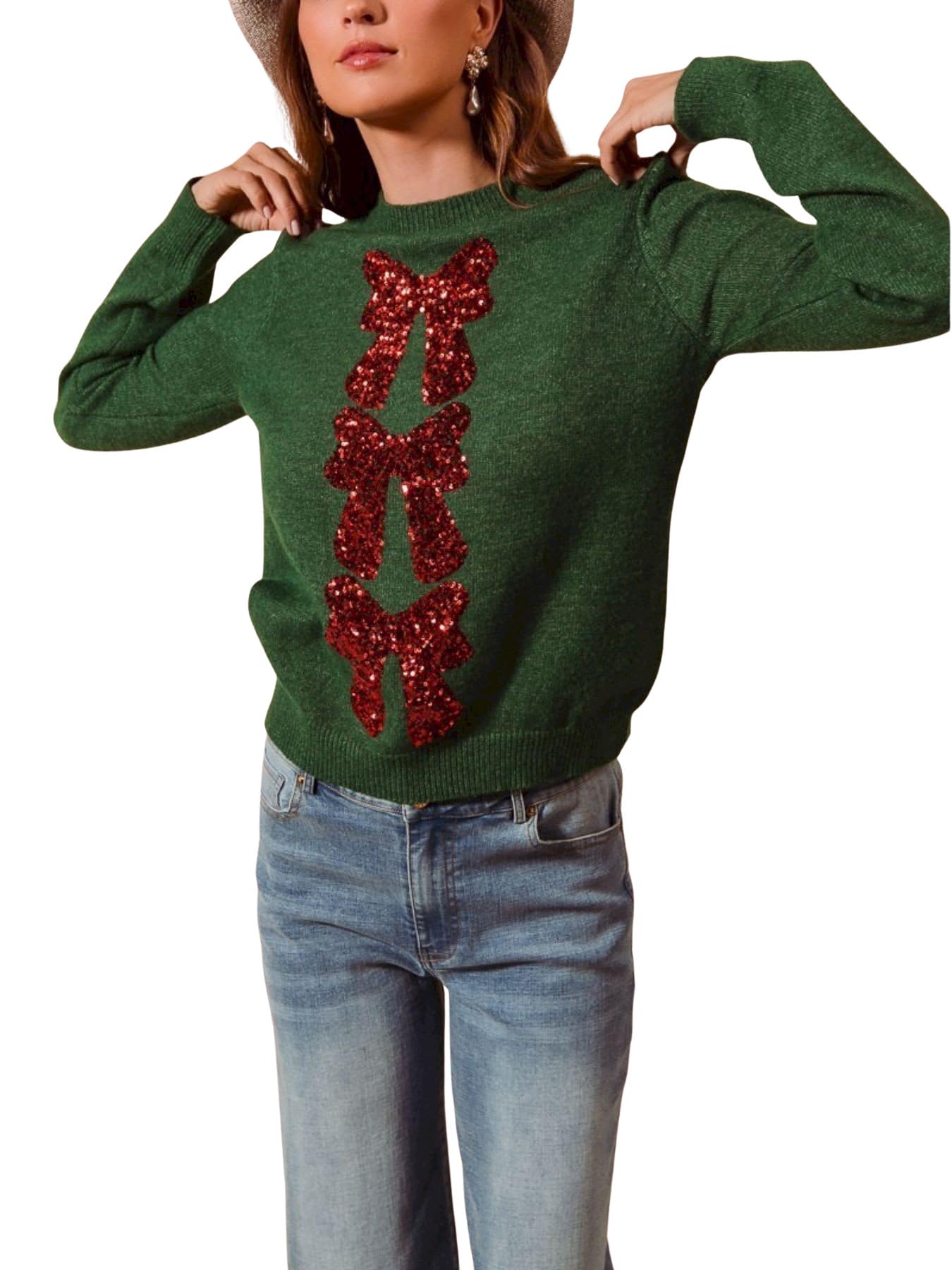 Womens Casual Pullover Holiday Red Sequin Bow Design Crew Neck Green Christmas Party Sweater