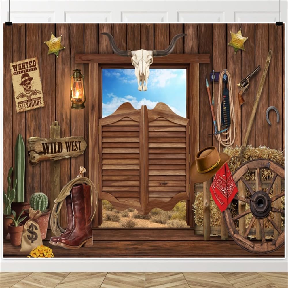 Sfondo western 2,4 x 1,8 m Western Cowboy decorazione per feste banner Wild West Rodeo Decor Country Saloon Bar rustico in legno fienile porta foto sfondo per bambini ragazzo compleanno baby shower