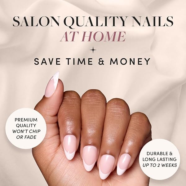 Glamnetic Press On Nails - All Time Love | Glossy, Semi-Transparent, Short Almond French Tip Nails with Leaf Accents, Salon Quality | 15 Sizes - 30 Nail Kit with Glue - 2