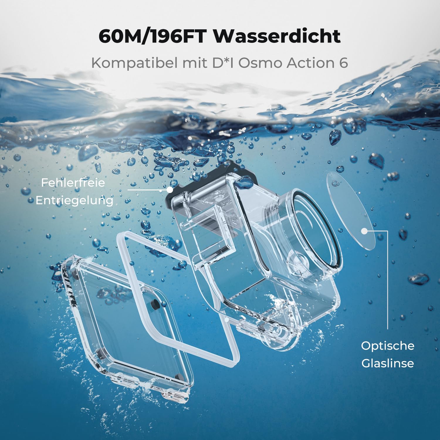 K&F CONCEPT 60 M/196 FT Wasserdichtes Gehäuse mit Schwimmendem Griff für DJI Osmo Action 6, Unterwassergehäuse mit Blitzschuhhalterung, Antibeschlagfolie Wasserresistente Tauchen Schutzhülle