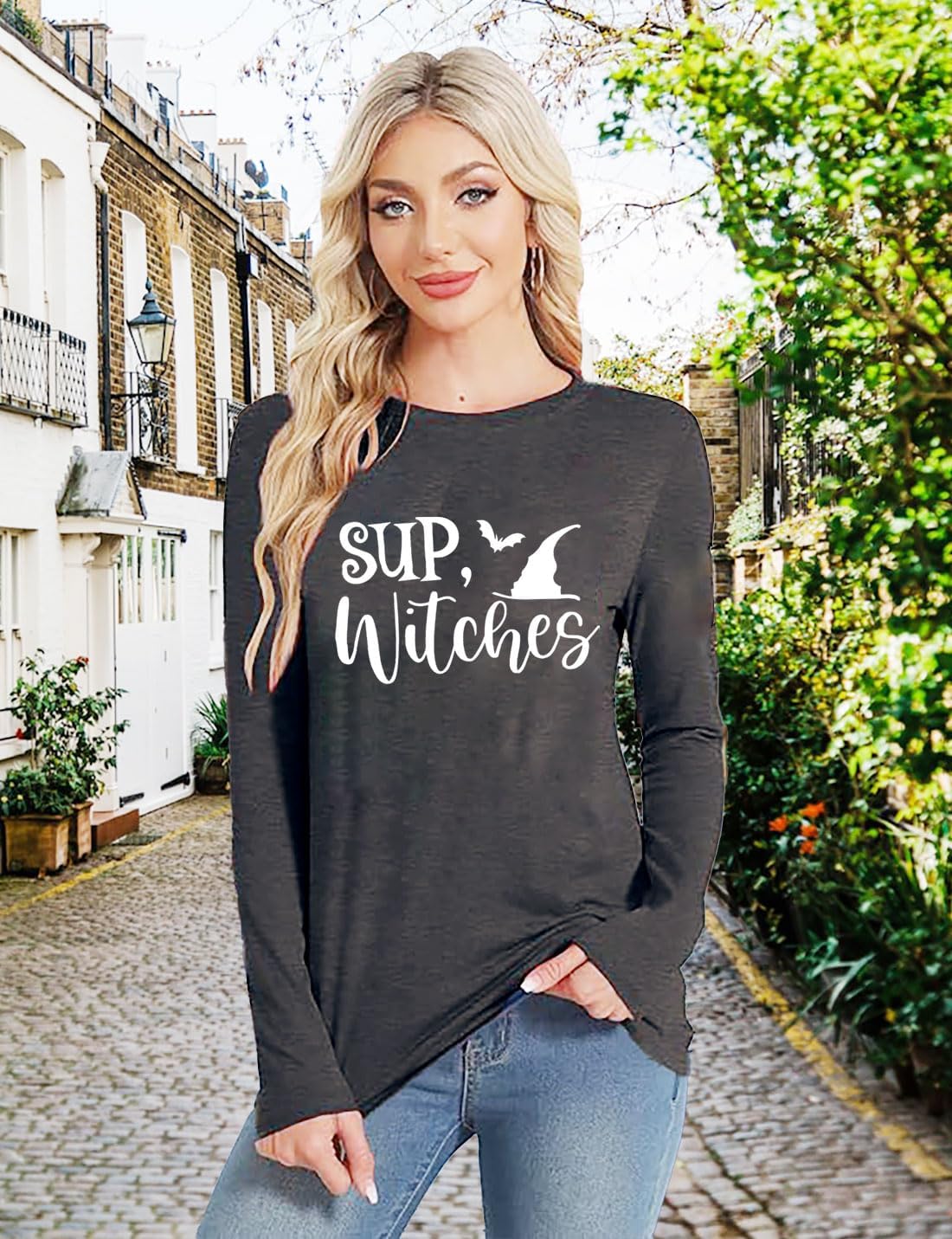 Women Halloween Shirt Halloween Witch Tshirt Spooky Vibes Witch Hat Graphic Tees Fall Season Long Sleeve Tops - Image 5