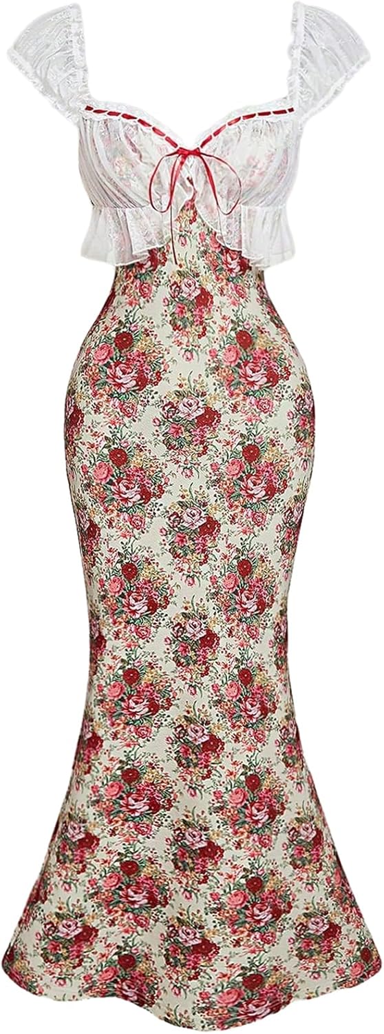 GORGLITTER Women's Lace Floral Tea Party Vintage Maxi Dress Summer Graduation Cocktail Wedding Guest Fishtail Sundress