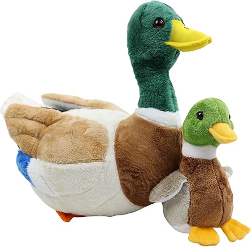 POPOTATO Papá de peluche de pato real de 13 pulgadas con un pato bebé, 2 piezas de animales de peluche para niñas y niños