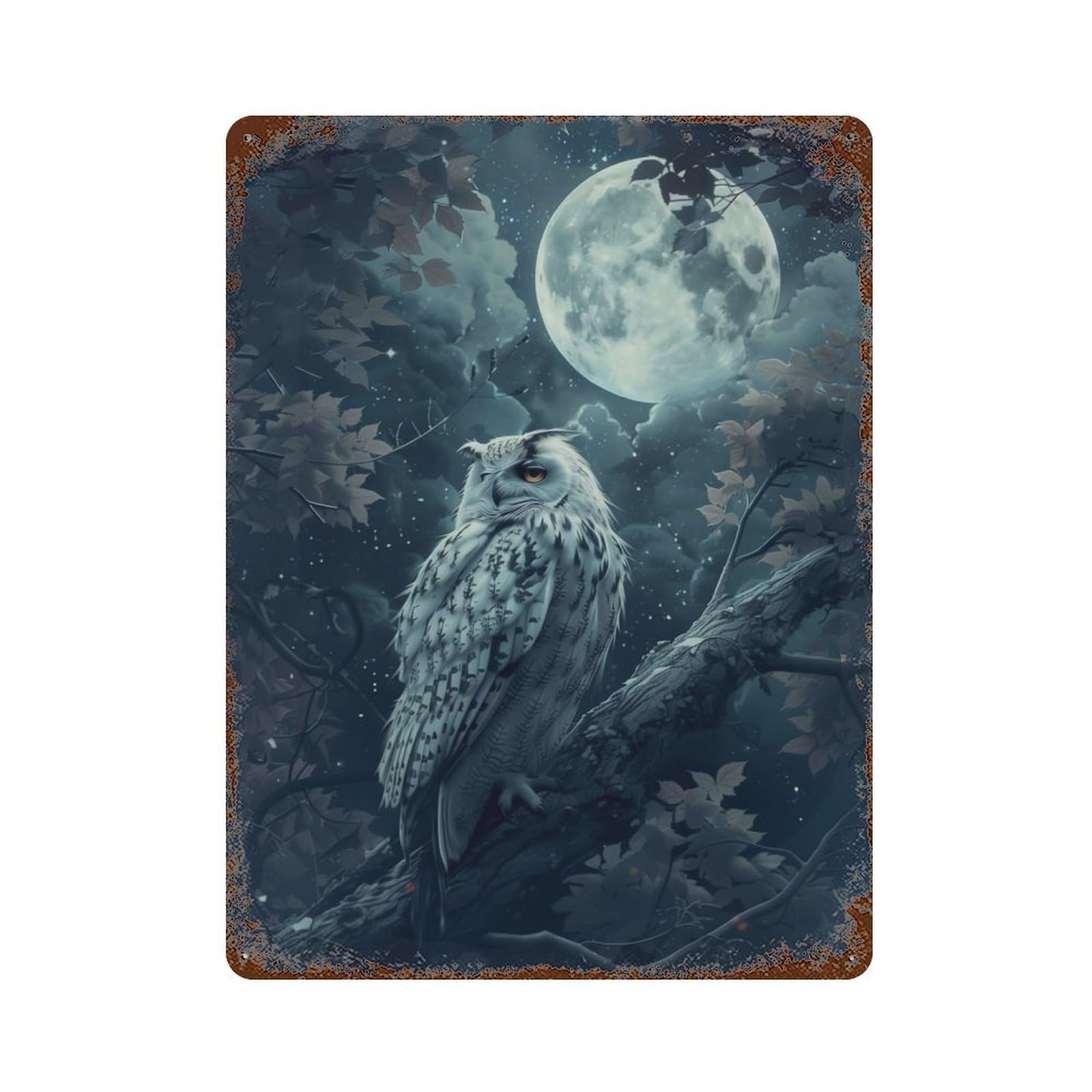 Vintage Rust Metal Sign Moonlit Owl 15.7"x11.8", Decorative Metal Wall Art for Basement, Hobby Room And Garage Decor