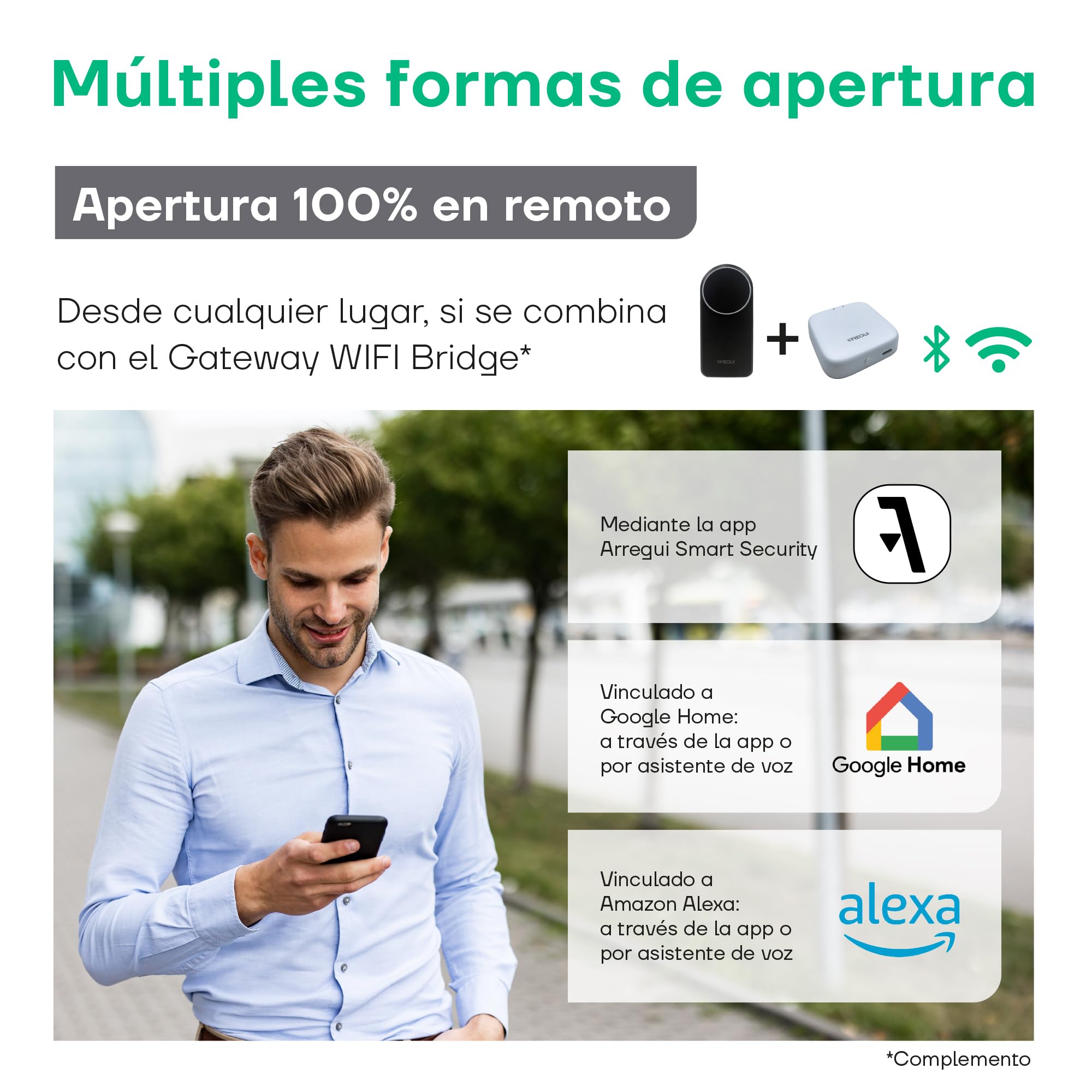 Arregui SPIN + BRIDGE – Cerradura Electrónica Inteligente con Apertura vía App, Mando y Keypad | Control desde Smartphone | Control Remoto Bridge Compatible Google y Alexa | Instalación sin Perforar