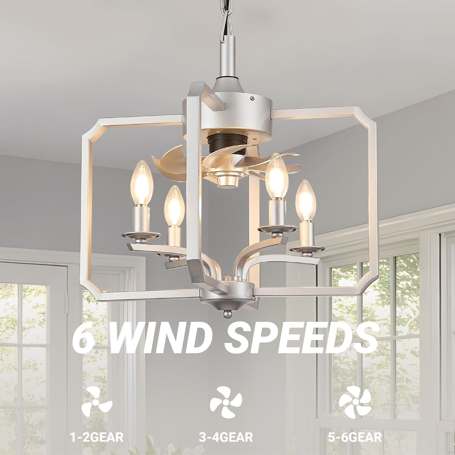 Chandelier Ceiling Fan, 20" Farmhouse Fandelier Ceiling Fans with Lights, Rustic Hanging Geometric Pendant Light Fixture for Bedroom, Dining Room, Kitchen Island, Foyer, Hallway-Silver
