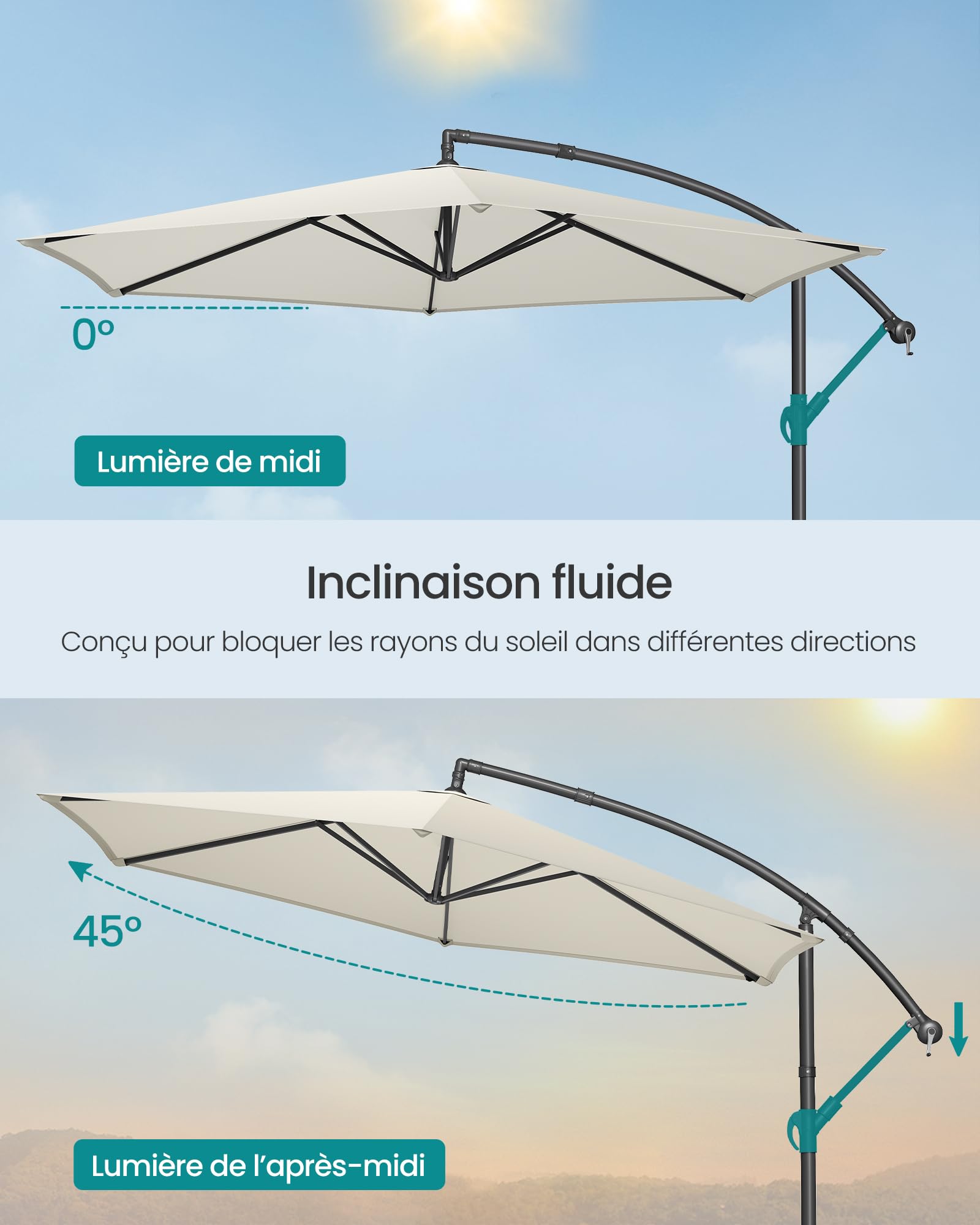 SONGMICS Parasol Déporté, Socle en Croix, Ombrelle, Protection UPF 50+, Manivelle d'Ouverture et de Fermeture, Jardin, Terrasse, Piscine, Plage