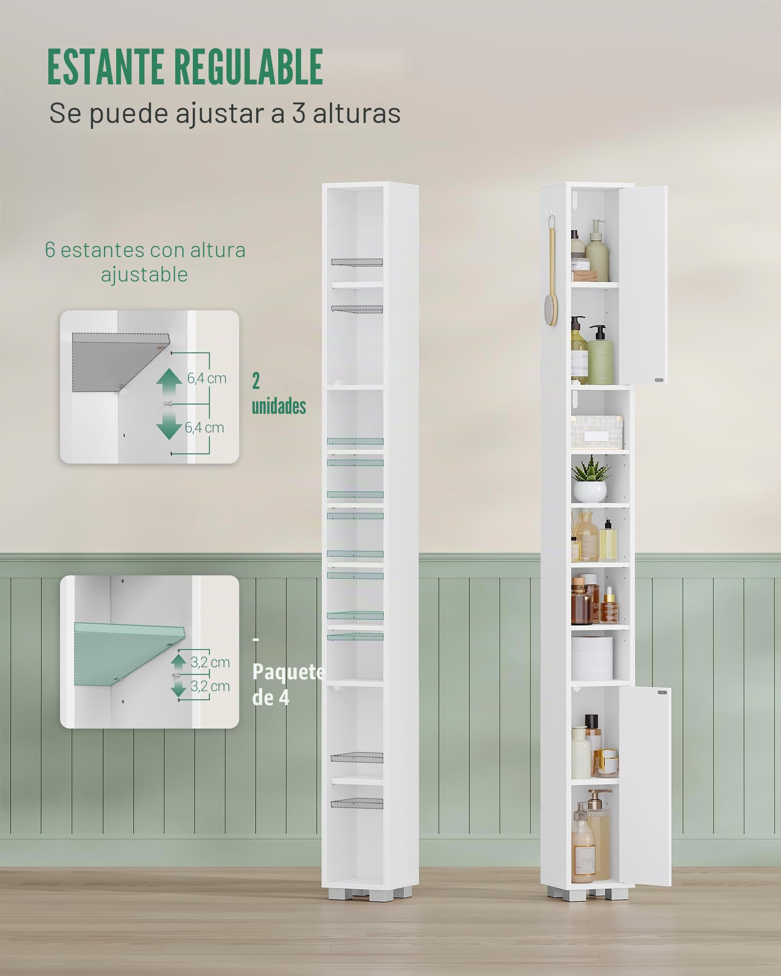 Hzuaneri Mueble de Baño Alto, Columna Baño, Armario Alto con 2 Puertas, 2 Cajas de Almacenamiento y Compartimentos Abiertos, Estantes Ajustables, 20 x 20 x 200 cm, Blanco BC28503X