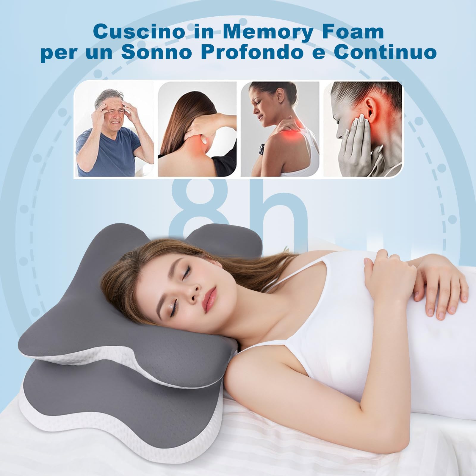 Cuscino Cervicale Ortopedico in Memory Foam - Guanciale Ergonomico per Sostegno Collo e Sollievo Dolori - Cuscino per Dormire di Lato e Supino con Federa Traspirante Sfoderabile