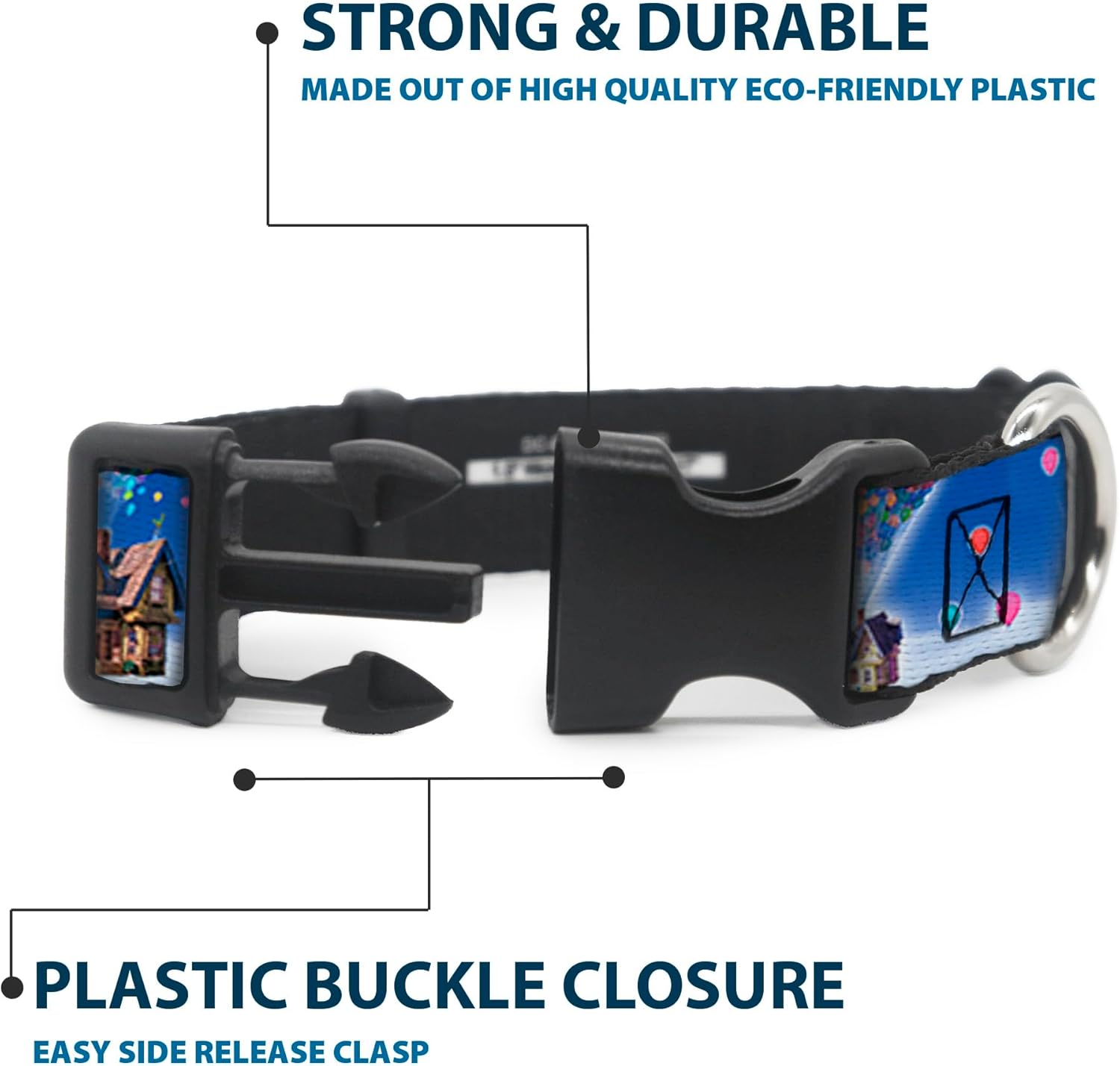 Buckle-Down Plastic Clip Collar - Up Carl on Porch/Flying House/Balloons - 1.5" Wide - Fits 16-23" Neck - Medium