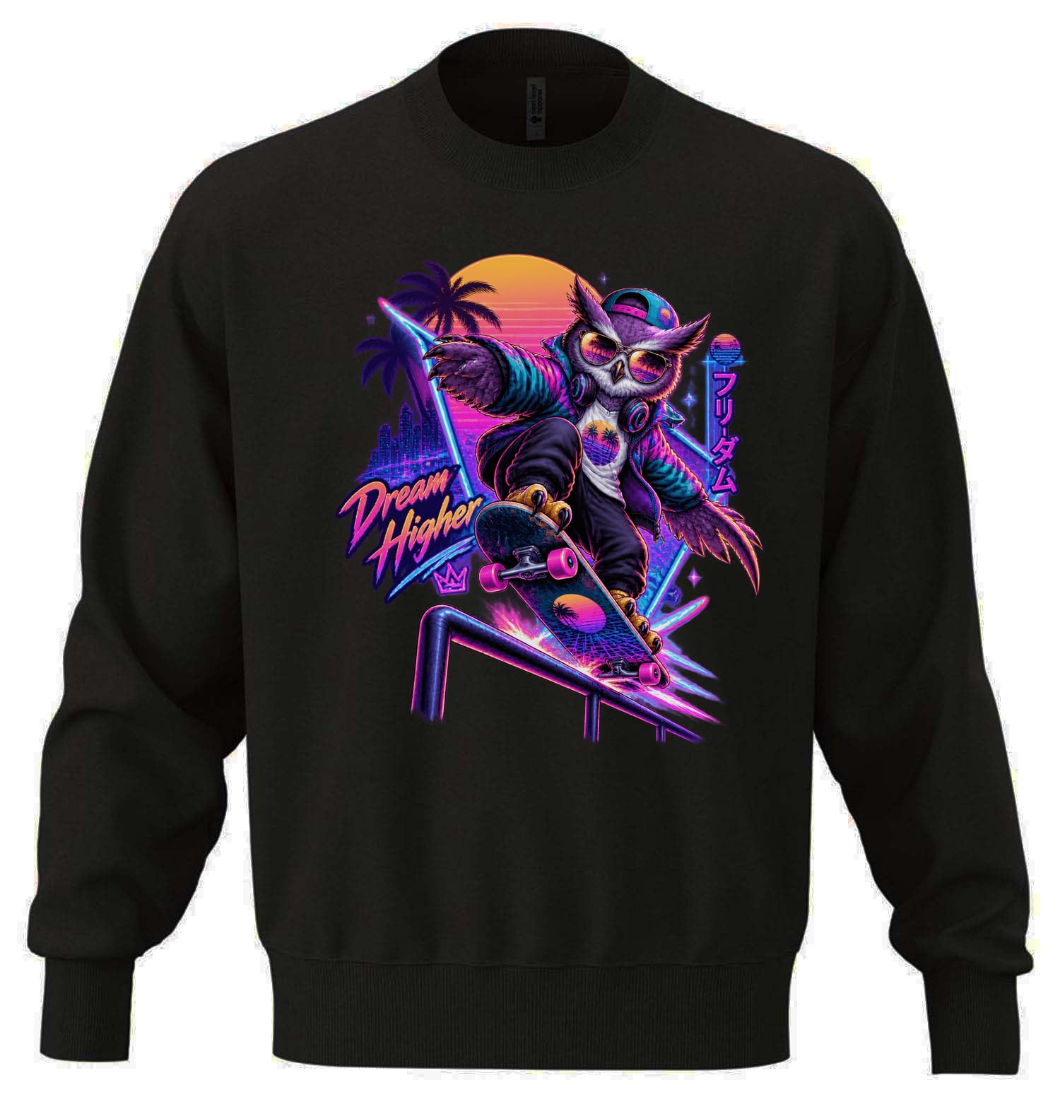 Retro sowa łyżwiarka w neonowym pejzażu miejskim unisex oversize mieszanka bawełny ciężka bluza czarna