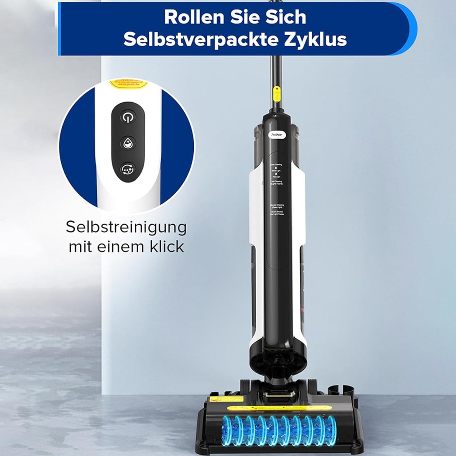 Redkey W12SE on its charging base performing self-cleaning.