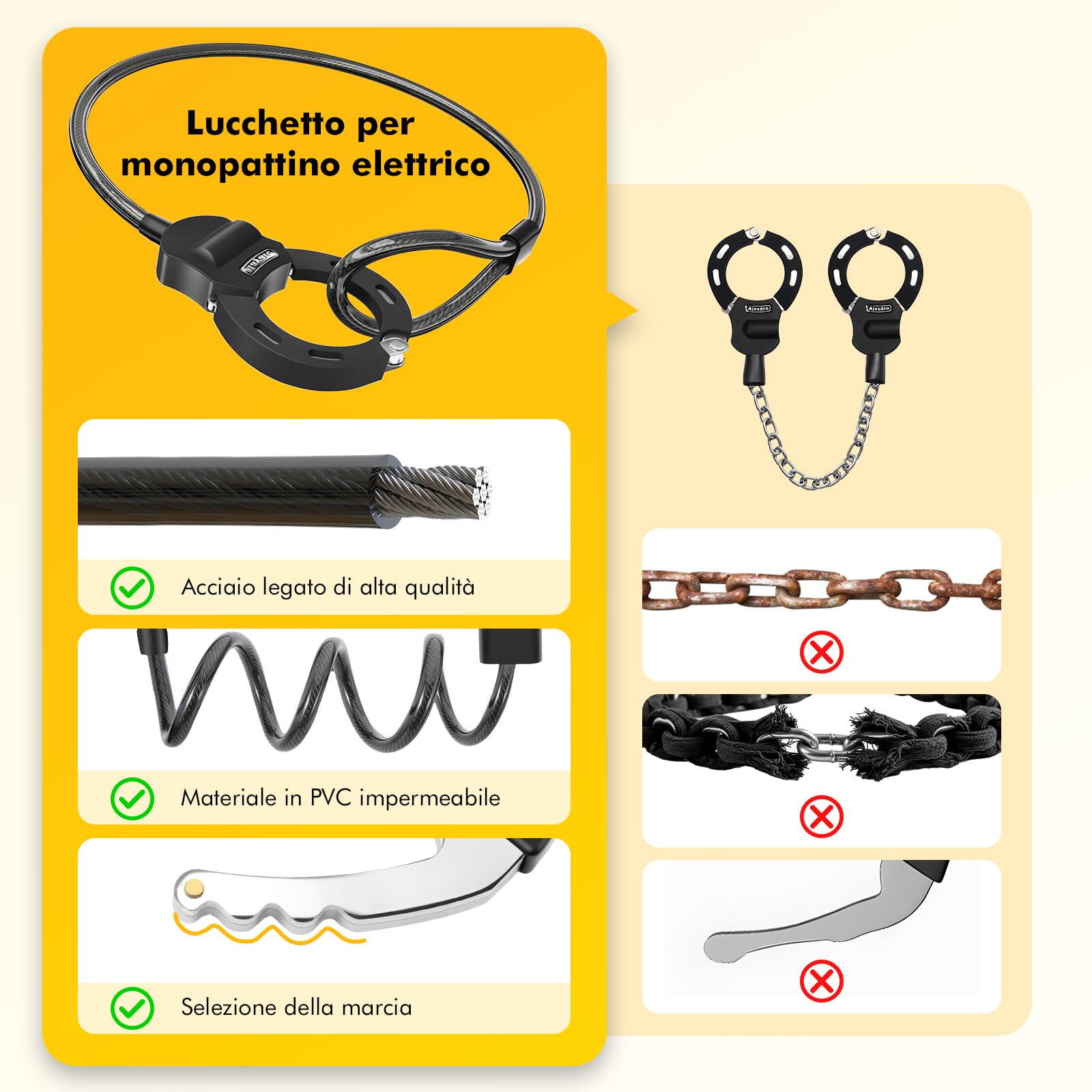 Lucchetto Monopattino Elettrico, iWarmbase Lucchetto Bici, 120CM Catena Monopattino Elettrico, Cavo Serratura a Manette con 3 Chiavi, Lucchetto Bicicletta Antifurto, per Scooter, Biciclette