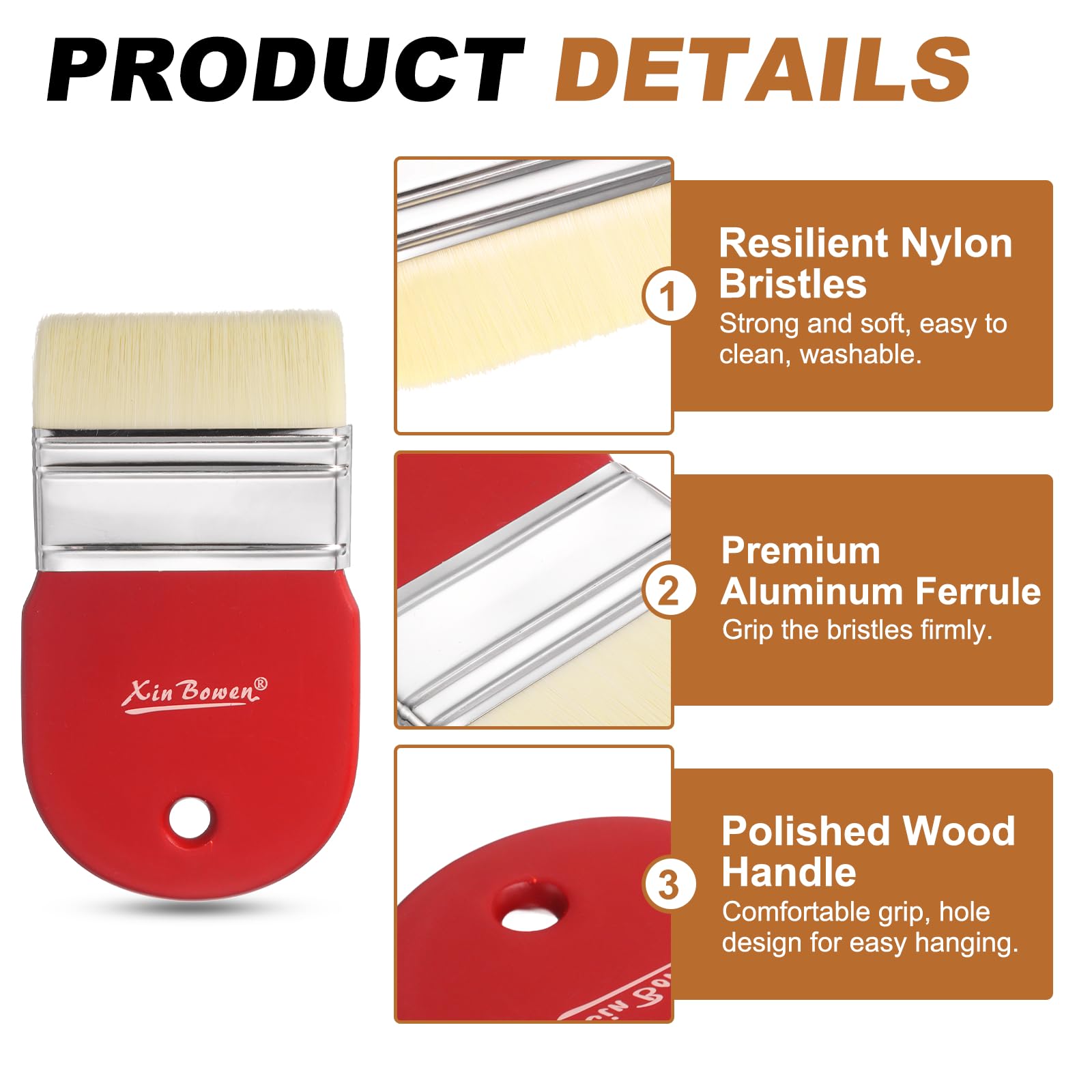 QUARKZMAN 5 Pezze Pennello Piatto A Pala Larghezza 3", Set Pennelli Per Pittura Con Setole In Nylon E Manico Corto In Legno Per Acrilico Olio Vernici Acquerello Pittore, Rosso