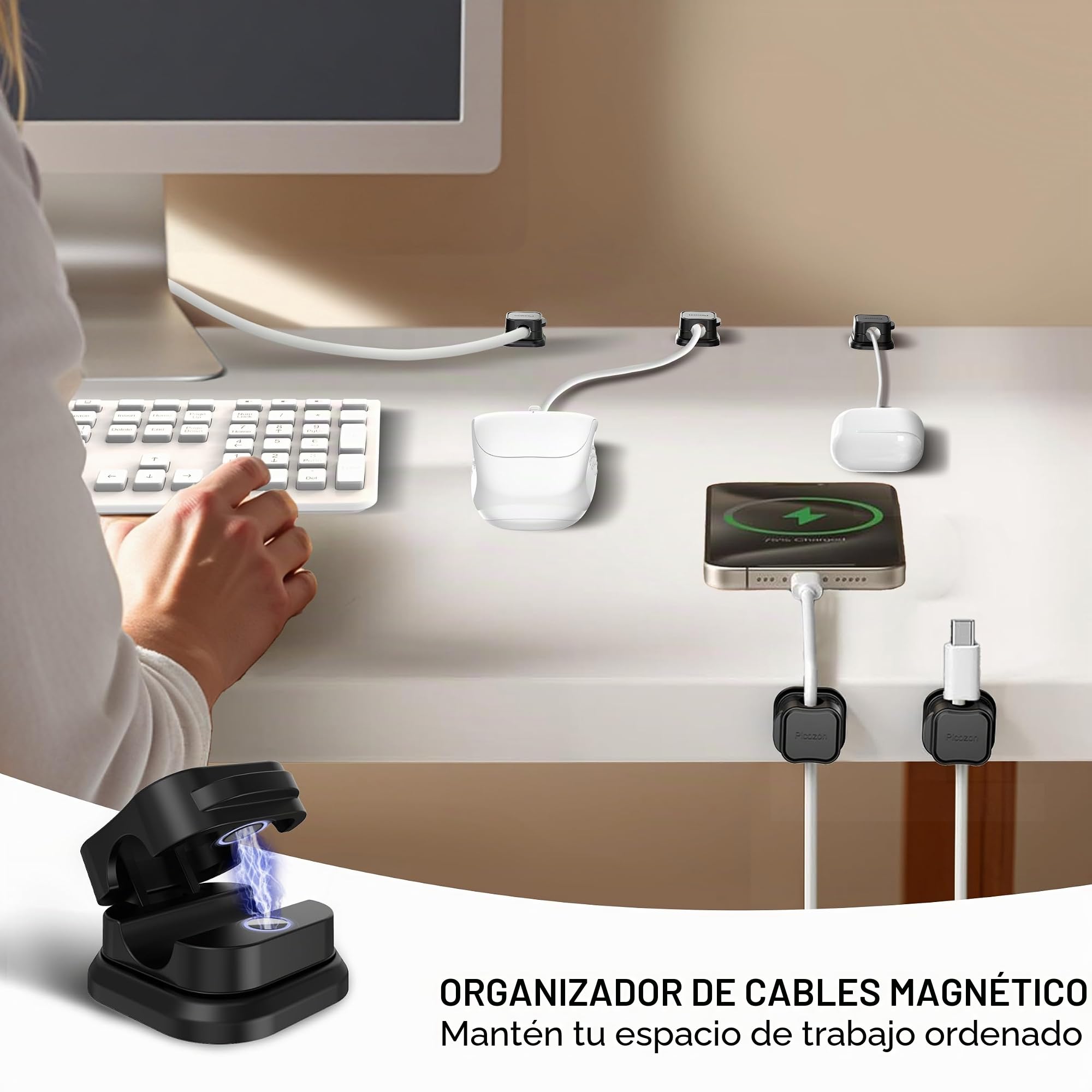 Paquete de 12 Clips de Cable magnético Organizador de Cable Soporte, Picozon Adhesivo Gestión de Cables, Cable Teléfono Cargador USB Soporte de Cable para Coche, Oficina Escritorio Doméstico - Negro