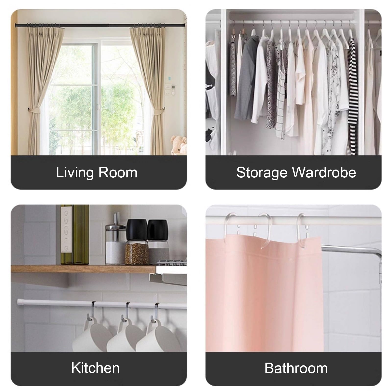 Tringle Rideau de Douche en Alliage D'aluminium, Barre Rideau à Ressort, Sans Perçage, Antidérapante pour Salle de Bain Cuisine et Salon(White,360-410cm/141-161in)