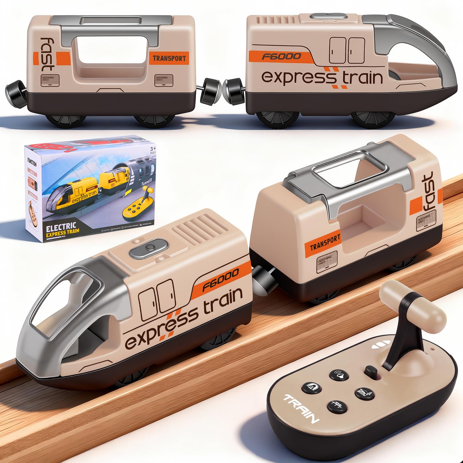 Starvortex Electric Train Set, Motorised Battery Trains for Brio Accessories Wooden Track, Remote Control Train Compatible with Brio Thomas Railway, Gift-boxed Trains Set Brown