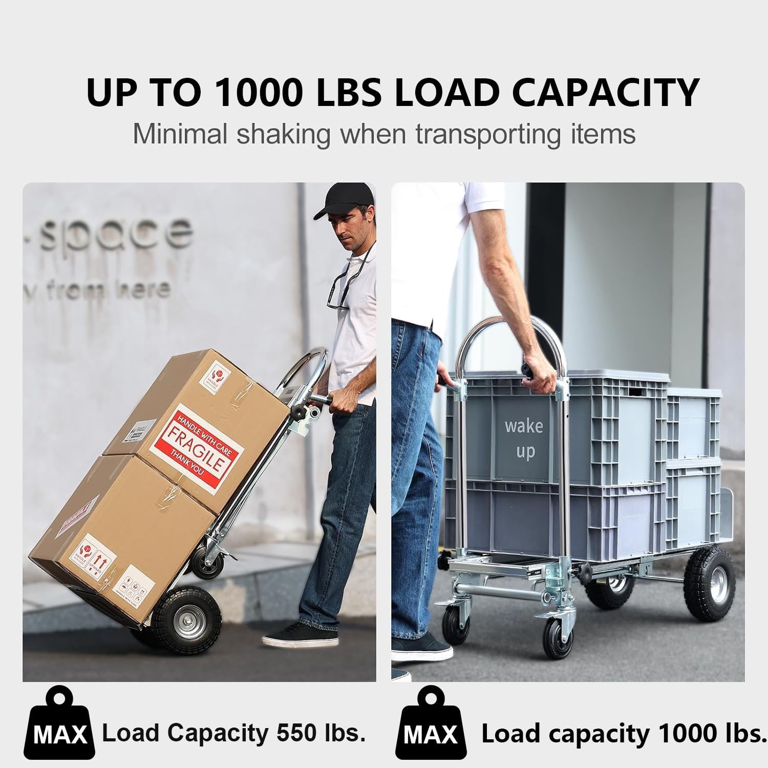 Carretilla de mano industrial convertible, de aluminio resistente 2 en 1, plegable, capacidad de 1000 libras, carrito con ruedas neumáticas para transporte y mudanza en almacén, supermercado