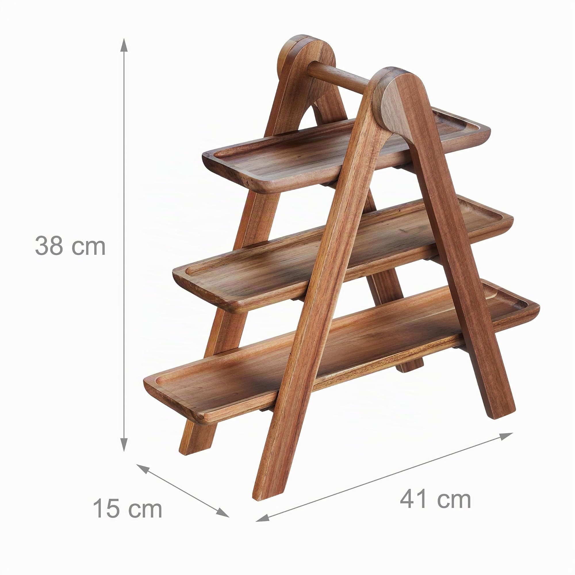 Relaxdays Plateau de Service à 3 Niveaux, Bois d’Acacia, Cadre Pliable, Design Rustique, HLP : 38x41x15 cm, Marron