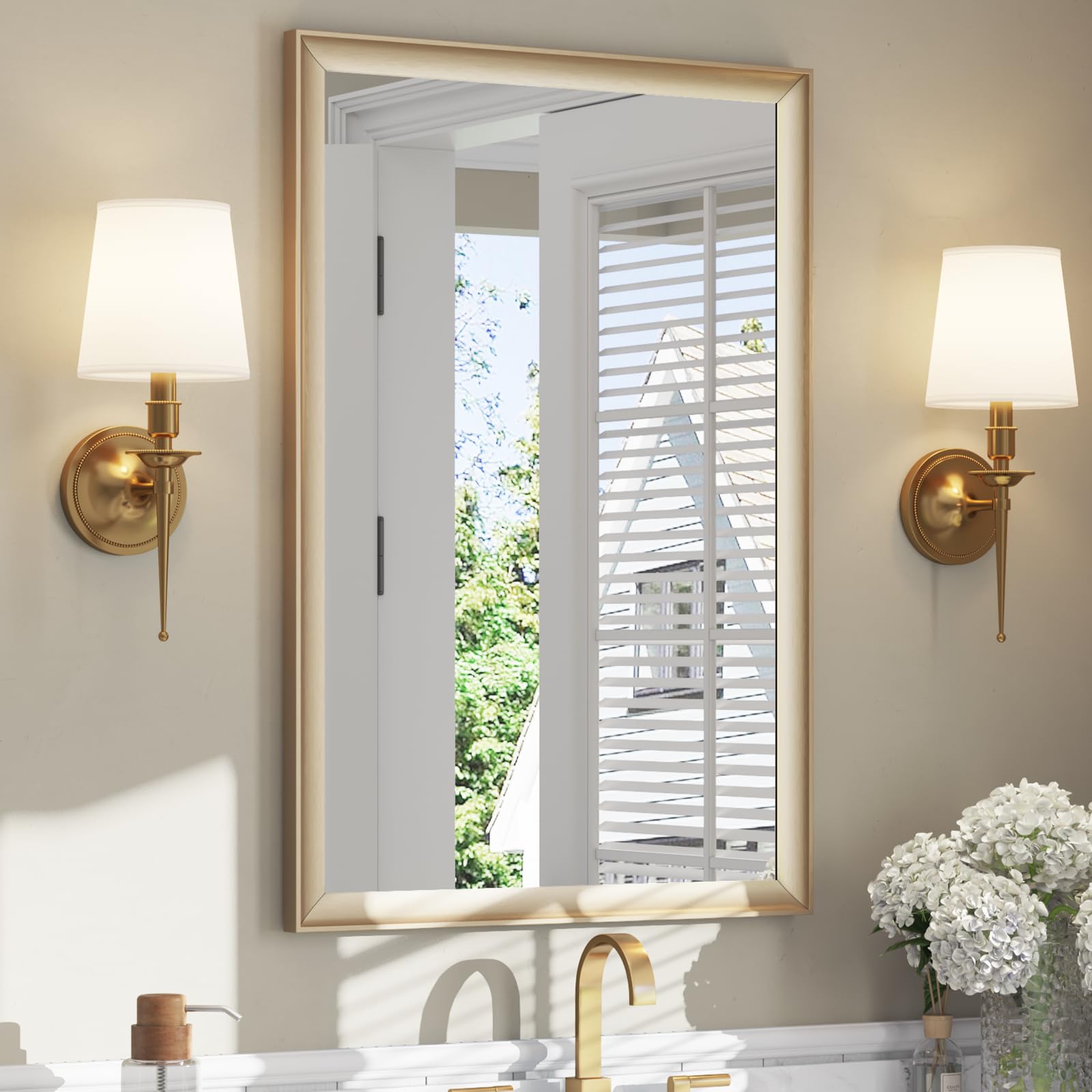 ushower brushed gold bathroom mirrors for over sink 24x36 inch, metal framed rectangle vanity mirror for wall, bedroom, living room, entryway, anti-rust, hd tempered glass, horizontal/vertical