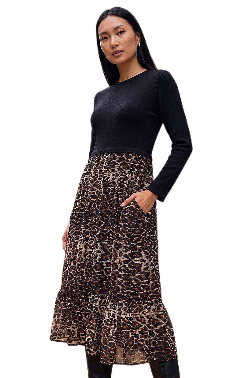 Roman Originals Women's Beige 2 In 1 Animal Print Stretch Midi Dress For Uk - Everyday Autumn Winter Round Neckline Comfy Soft Evening Vacation Work Party Night Out - Size 10