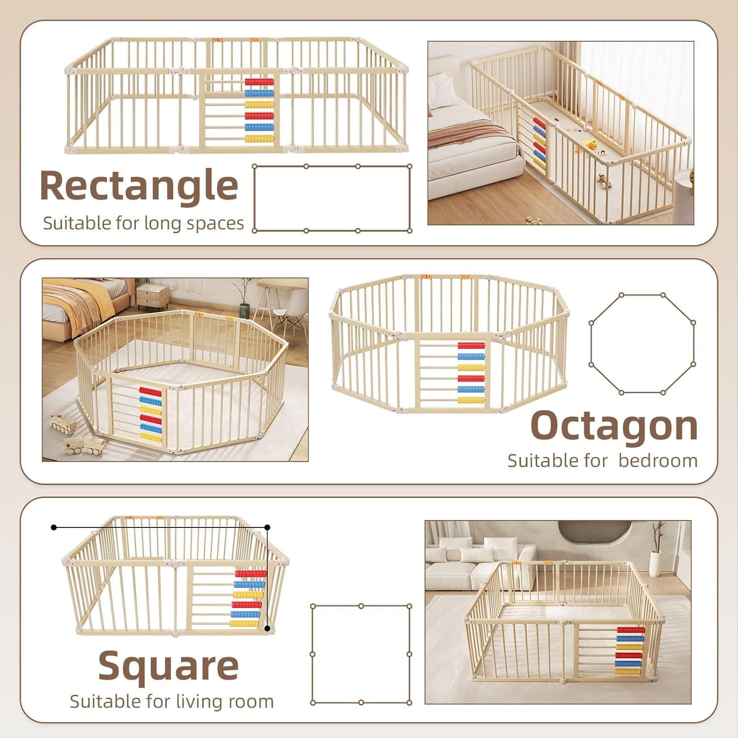 Baby Playpen,Wooden Foldable Playpen For Toddlers and Babies with Locking Gate, 8 Panels Baby Fence, Indoor Play Yard with Abacus, Kids Activity Center — view 7
