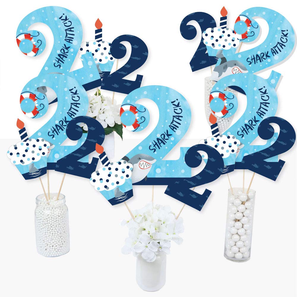Big Dot of Happiness 2nd Birthday Shark Zone - Jawsome Shark Second Birthday Party Centerpiece Sticks - Table Toppers - Set of 15