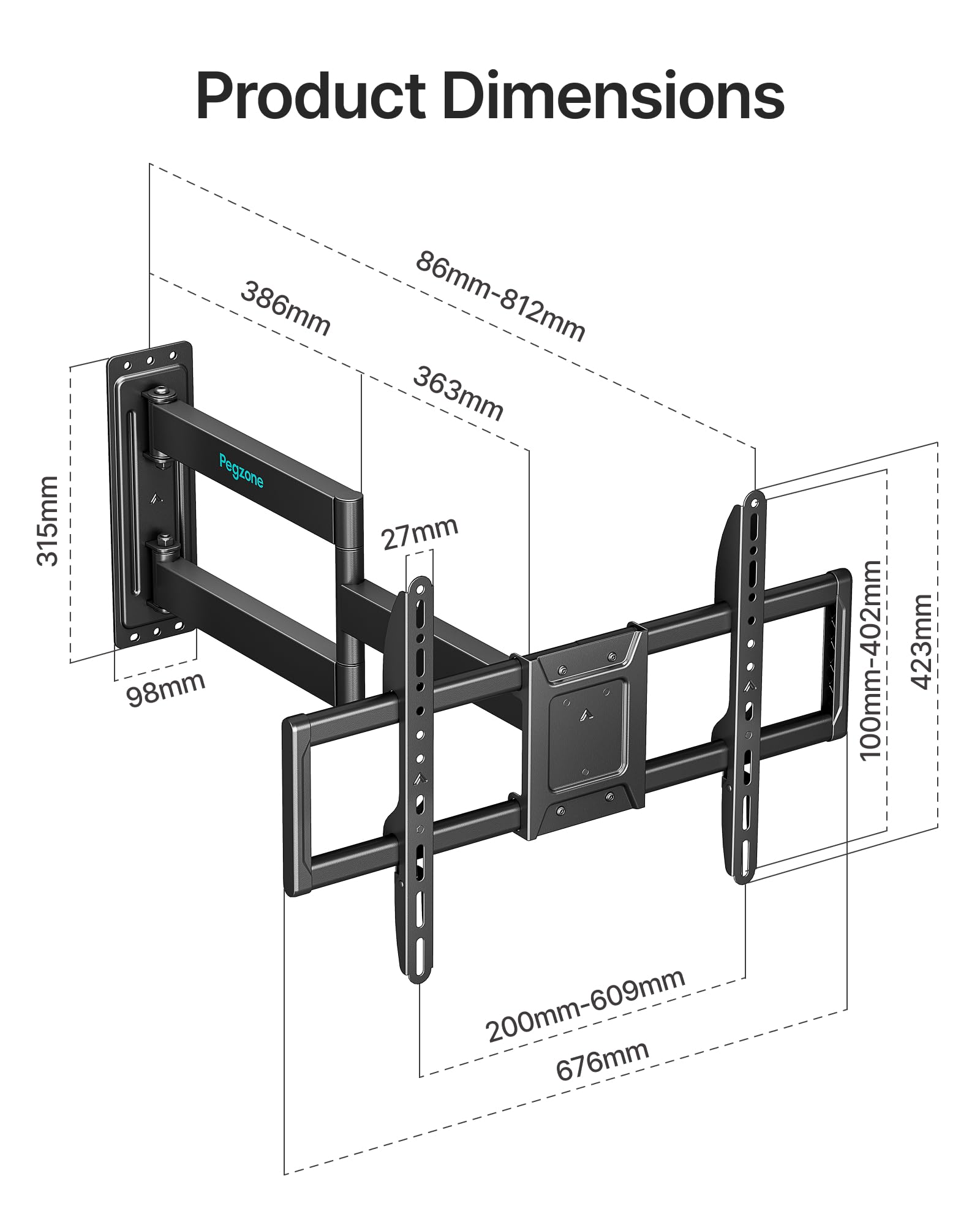 PEGZONE Soporte TV Pared Brazo Largo 86-812 mm 37-86", hasta 50 kg | Soporte para TV orientable e inclinable, VESA máx. 600x400, gestión de cables, compatible con TV LED, LCD y OLED