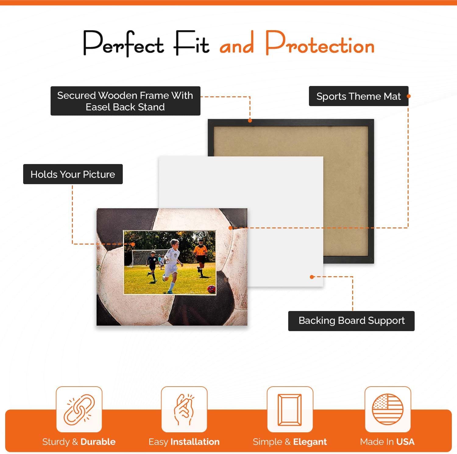 iFrame Commemorative Sports Athletics Picture Frame I Fits 5x7 Photograph I Real Wood Black Finish I Desktop, Table Or Wall Mount I Shatterproof Plexiglass I Made In USA I Soccer