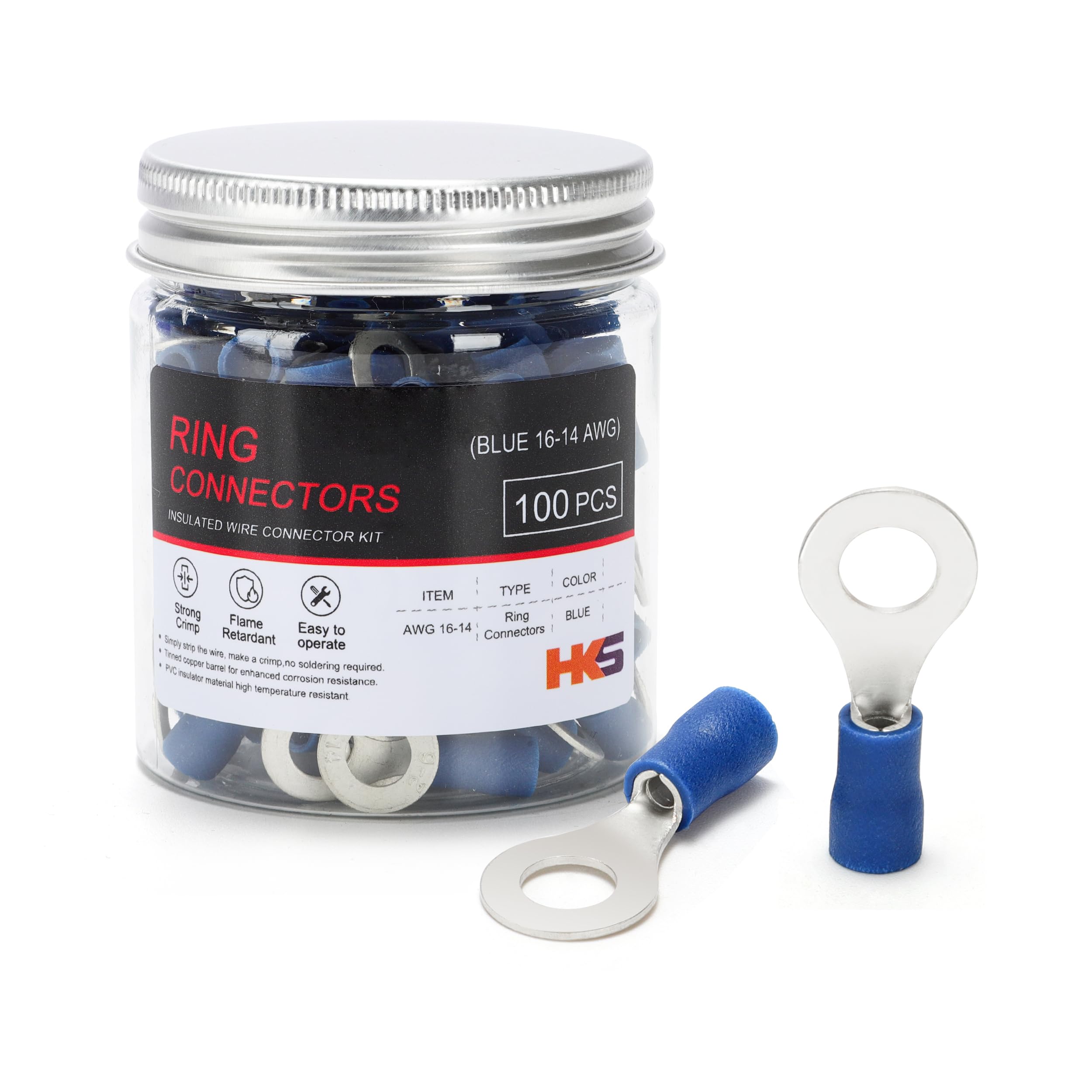 HKS 100PCS Insulated Ring Terminal 1/4" Blue 16-14 AWG - M6 - Tinned Red Copper - Electrical Wire Connector Kit Crimp PVC