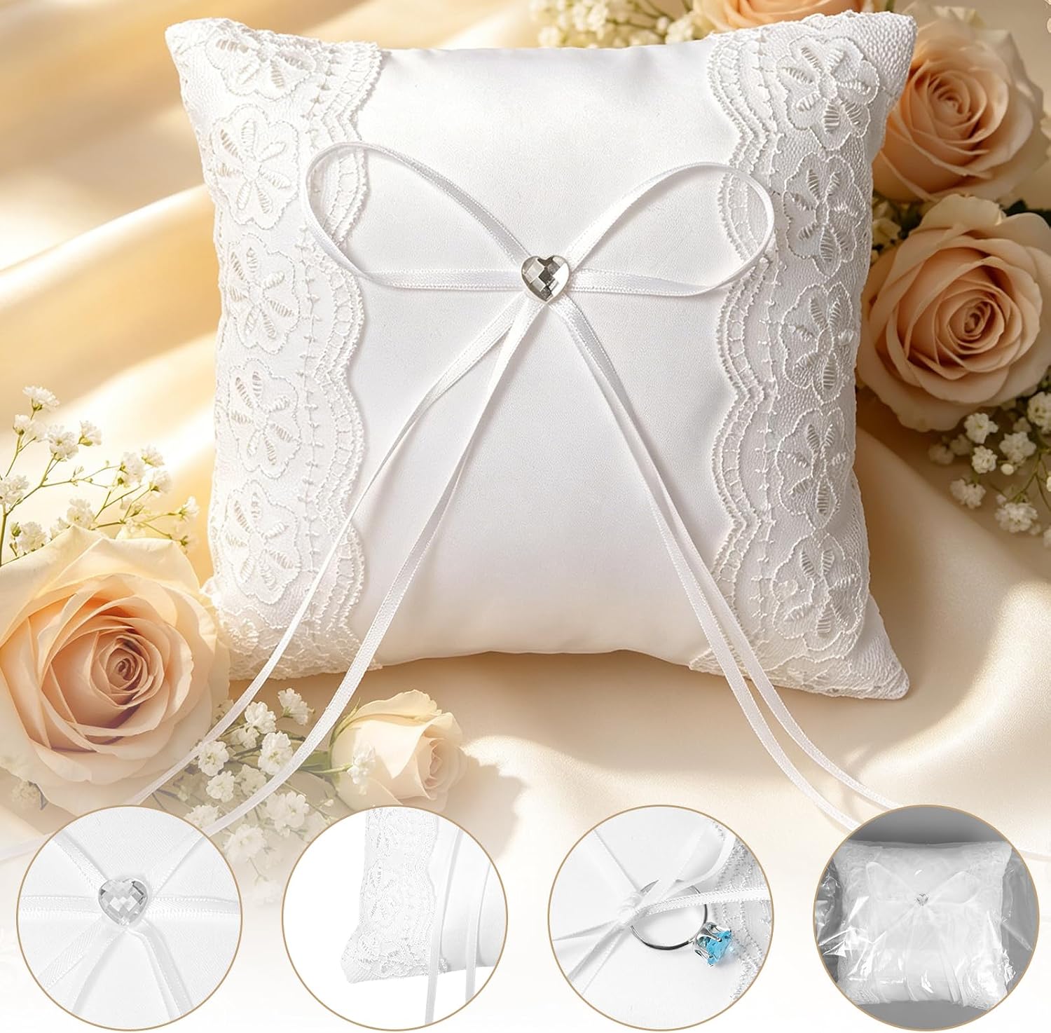 Ouligay 5.91 Inch Wedding Ring Pillow, Elegant Ivory Lace Ring Bearer Pillow with Simple Lace, Bow for Wedding Party Ceremony