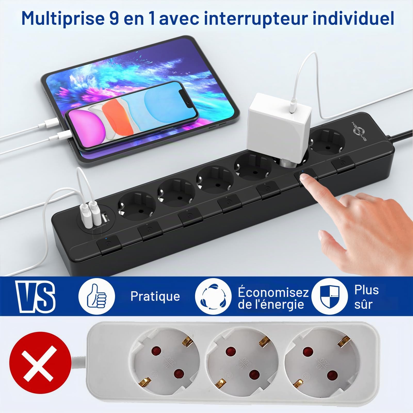 Multiprise Electrique (4000W/16A), KEPLUG Prise Multiple avec Interrupteurs Individuels a 6 Prises et 3 Ports USB (2.4A), Multiprise Parafoudre 500J avec 2M Cordon pour Maison Bureau