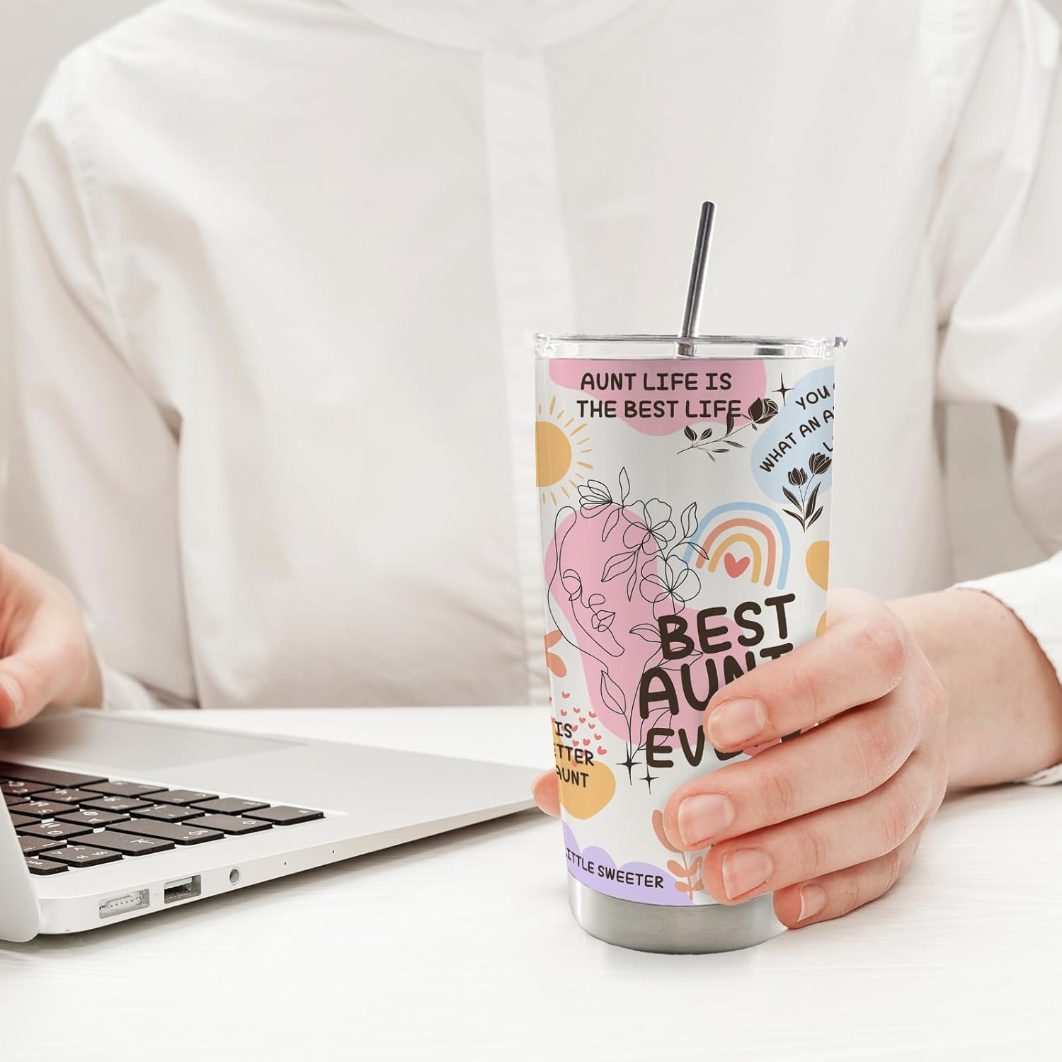 Best Aunt Ever 20oz Travel Coffee Mug Tumbler, Best Aunt Ever Auntie Gifts for Christmas from Niece Nephew, Aunt Birthday Gift Ideas, Auntie Water Stainless Steel Tumbler with Lid and Straw - Image 3