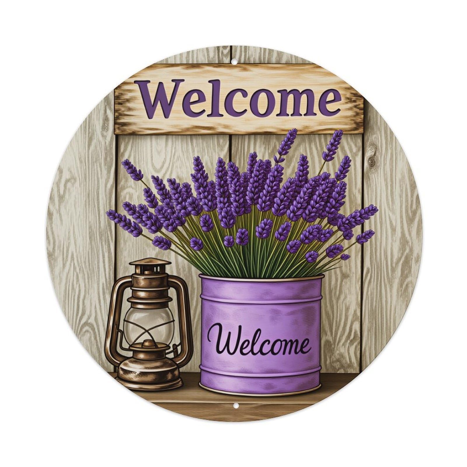 Welcome Lavender Lantern Rustic Sign Round Tin Sign Vintage Metal Poster Retro Bar, Home, Man Cave, Kitchen, Laundry Room Wall Art Decor Gift 8x8Inch