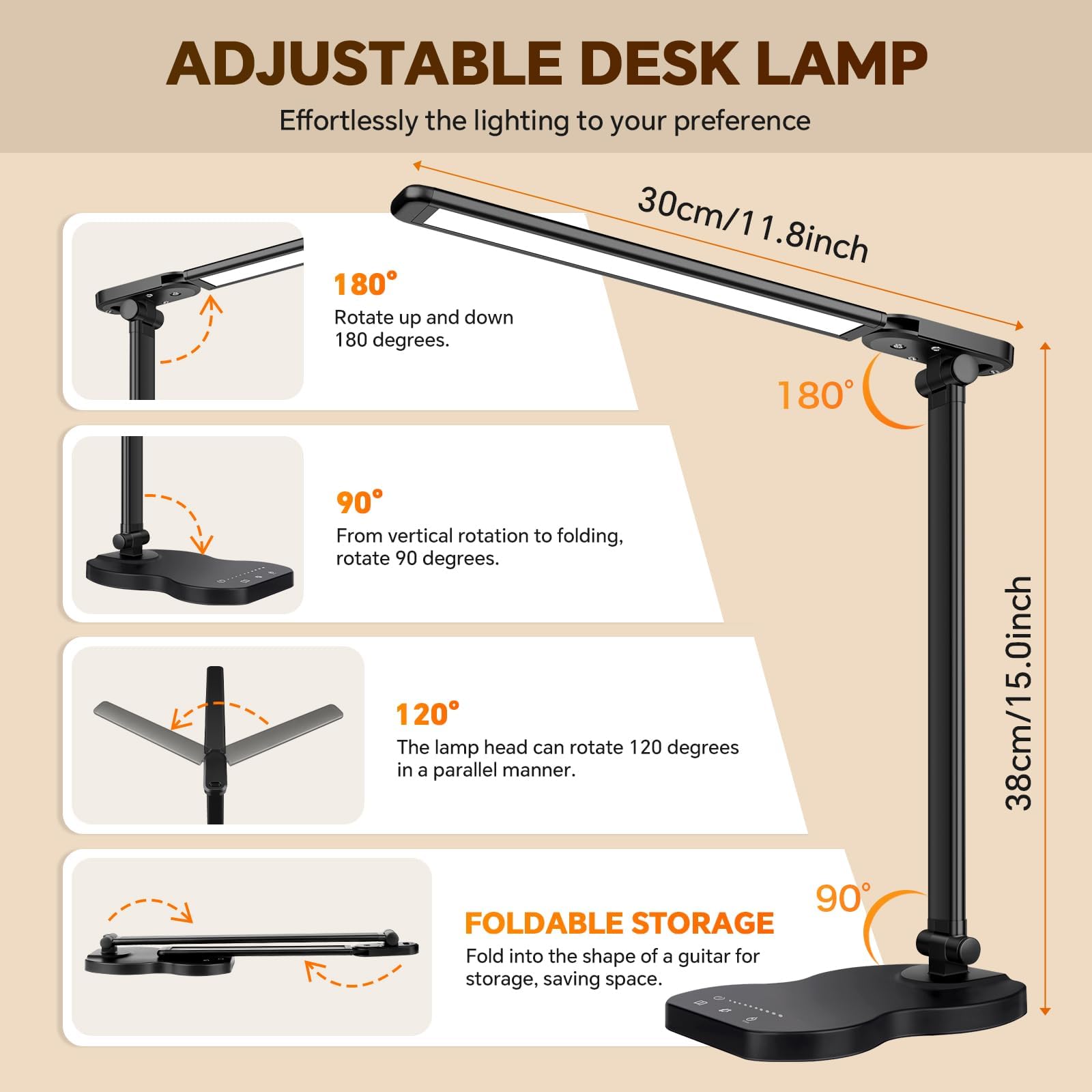 Caldarax Lámpara Escritorio LED Regulable, Flexo de Escritorio 5 Modos y 10 Niveles de Brillo, Puerto USB/Control Táctil/Temporizador 45min/Cuidado Ocular/Función Memoria, Lampara LED(Negro)