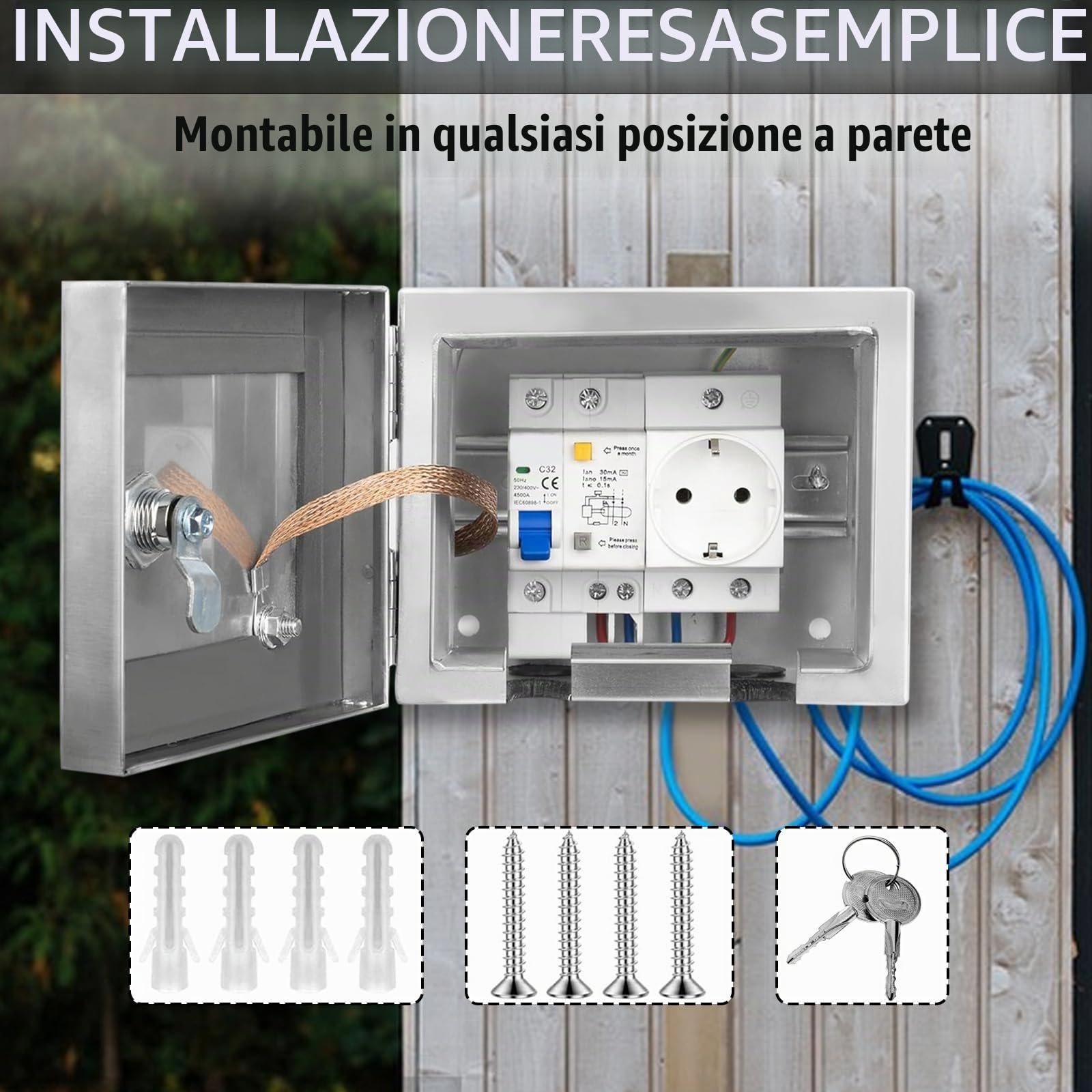 Scatola Elettrica da Esterno in Acciaio Inox, Armadio Elettrico Da Esterno con Interruttore di Dispersione 2P 32A e Presa Europea 250V/16A, Scatola di Distribuzione da Parete con Serratura
