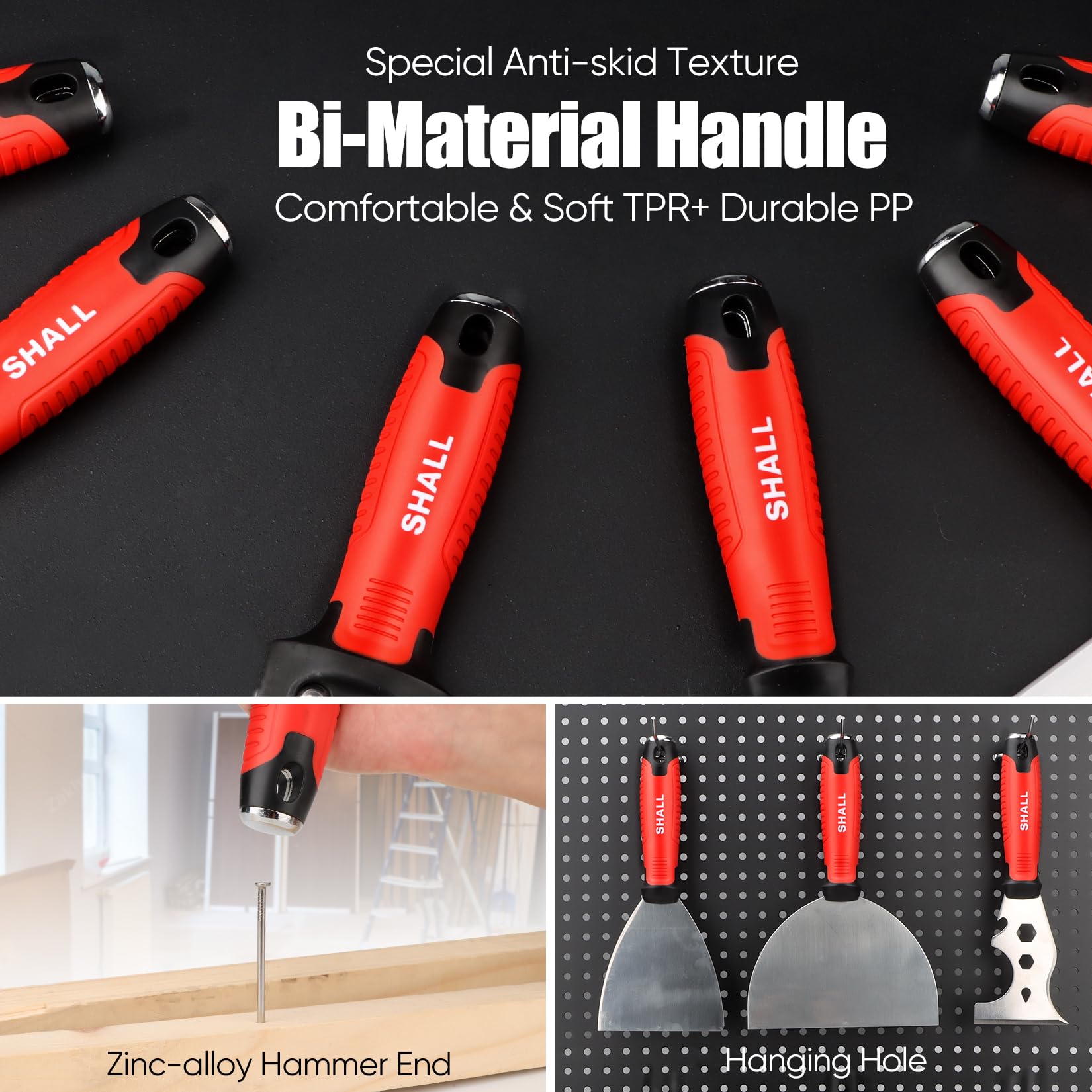 SHALL Drywall Tool Kit, 7 Pcs Stainless Steel Set Includes Putty Knife, Taping Knife, Painter Scraper Tool & 12" Mud Pan for Joint Taping, Finishing, Patching