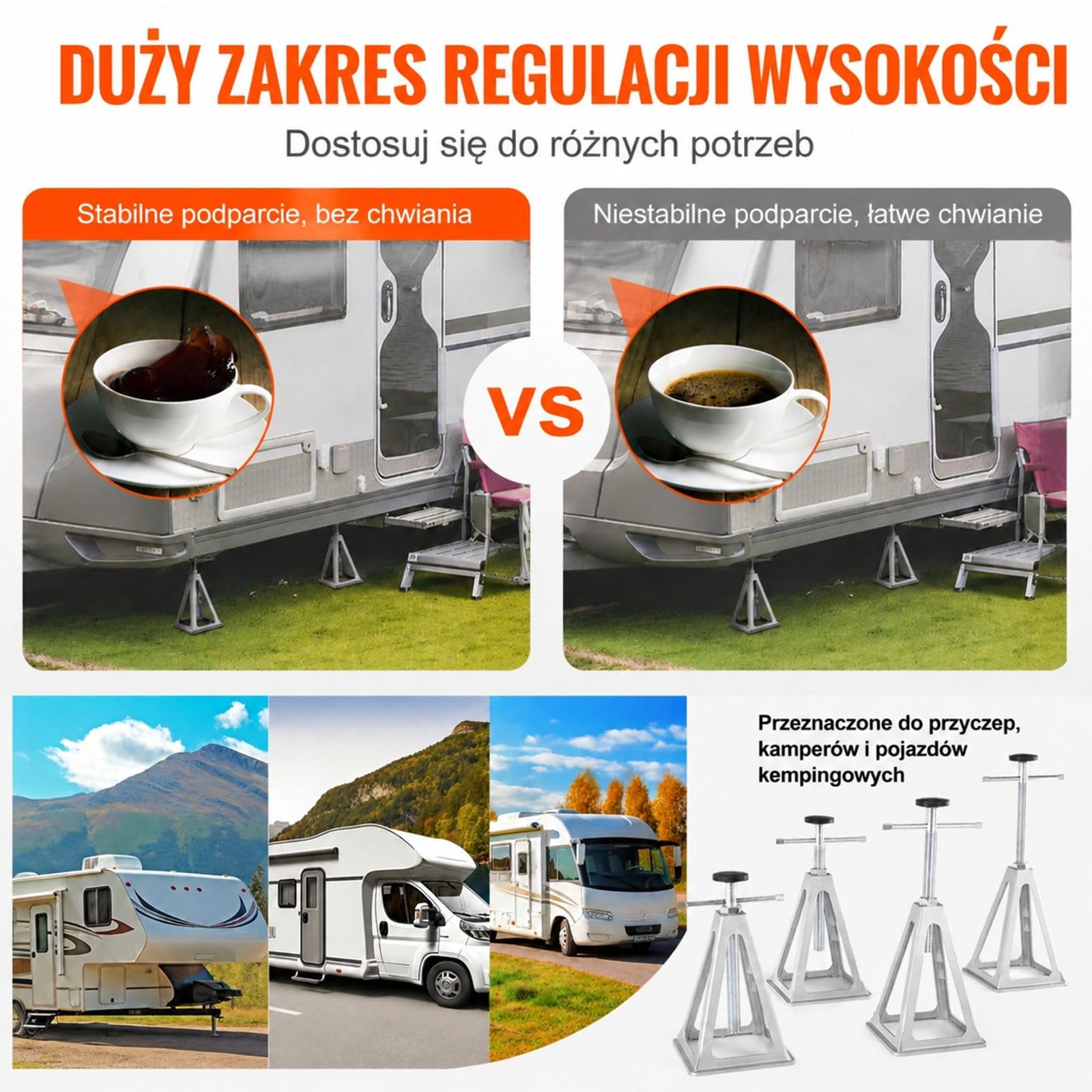 Zestaw 4 podnośników do kampera, srebrne podpory stabilizujące z korbą do przyczepy kempingowej