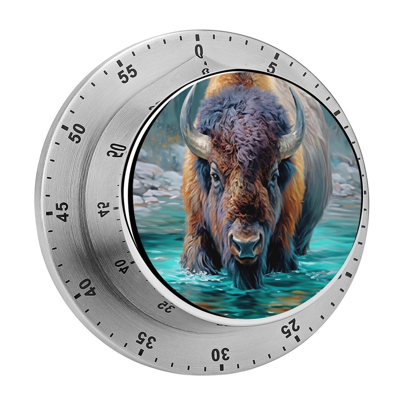 Bison in River Watercolor Wildlife 60 Minute Wind Up Timer,Visual Mechanical Magnetic Timer with Loud Alarm for Kitchen