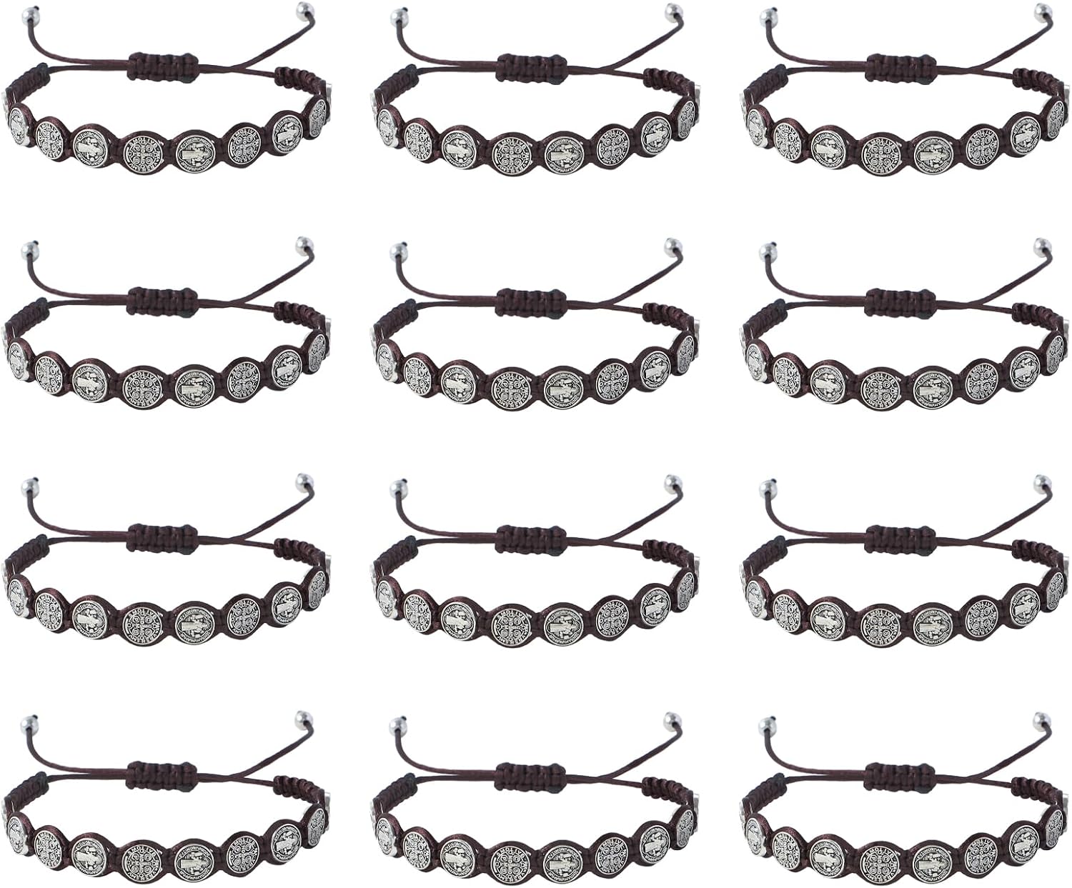 Gorgeoos12 Pcs St Benedict Rosary Bracelet Set, Handmade Adjustable Brown Cord with Medal & Cross, Religious Catholic Protection Jewelry Gifts for Women & Men