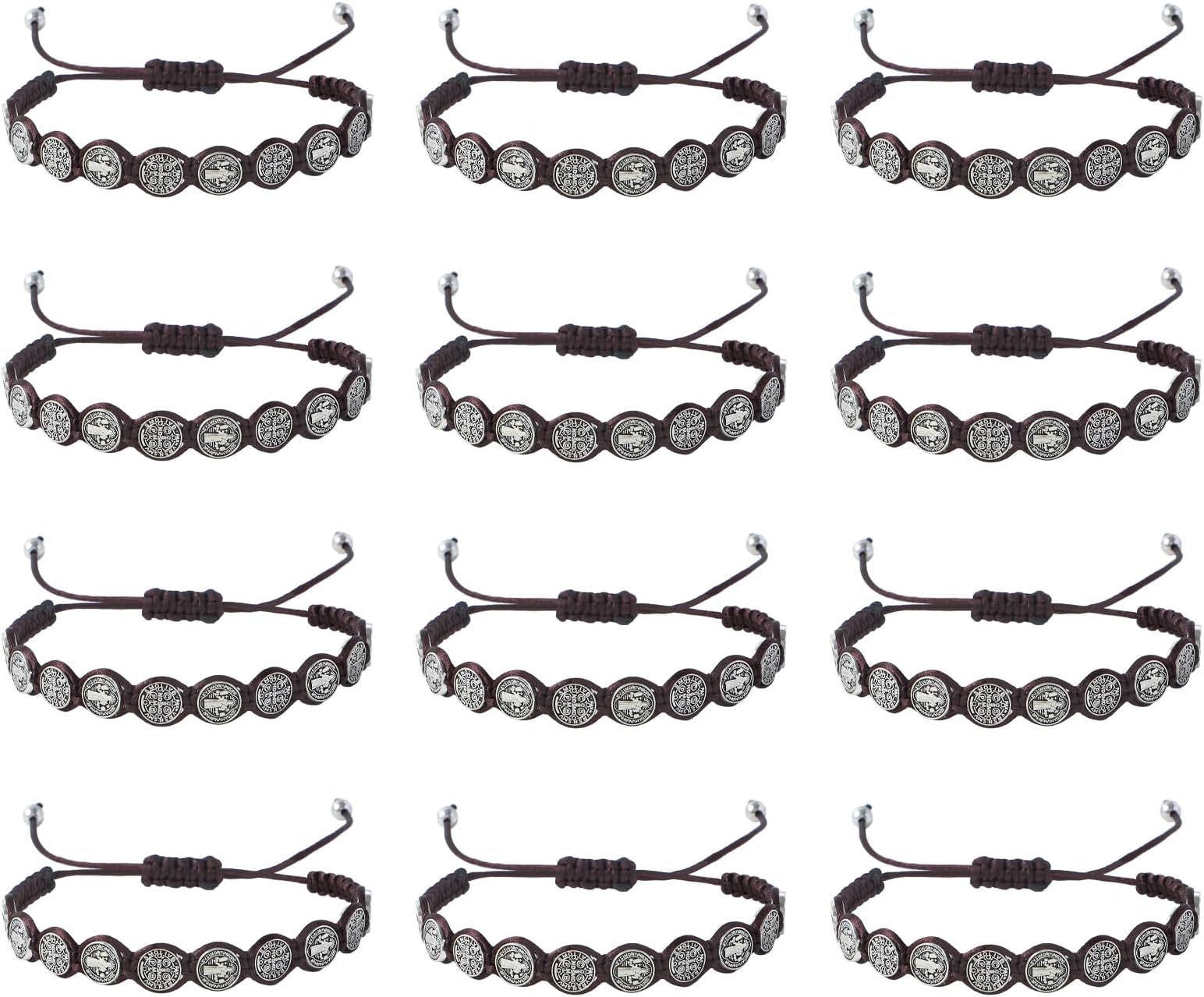 Gorgeoos12 Pcs St Benedict Rosary Bracelet Set, Handmade Adjustable Brown Cord with Medal & Cross, Religious Catholic Protection Jewelry Gifts for Women & Men